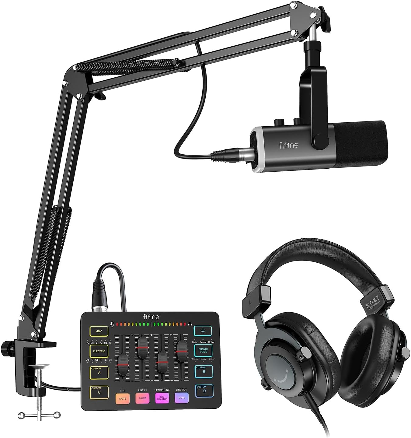 FIFINE Stream Microphone Kit with Gaming Audio Mixer, 10ft XLR Cable Wire, Recording Headphone for Podcast Studio Music Creation