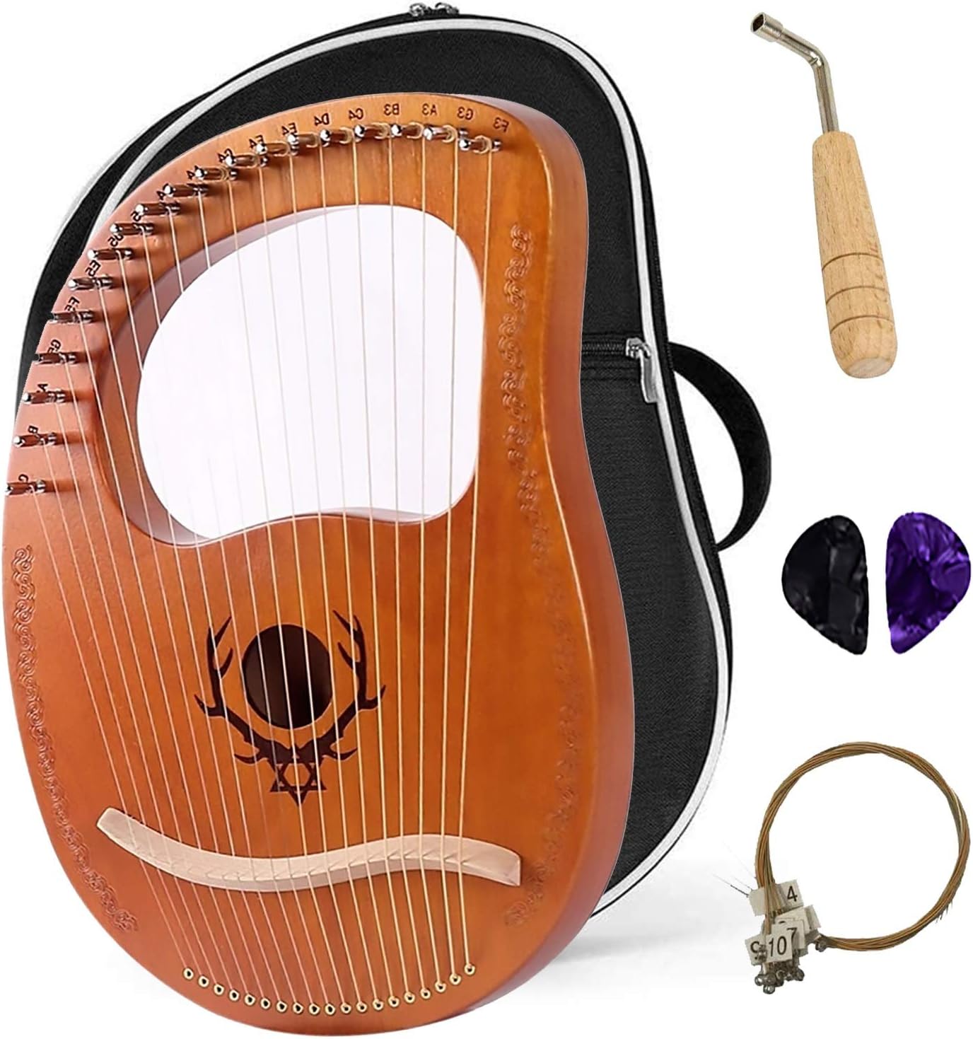 Lyre Harp 19 String Solid Wood String Instrument Heptachord Mahogany with Tuning Wrench, Picks and Bag, Best Gift for Beginners Music Lovers (Color : E)