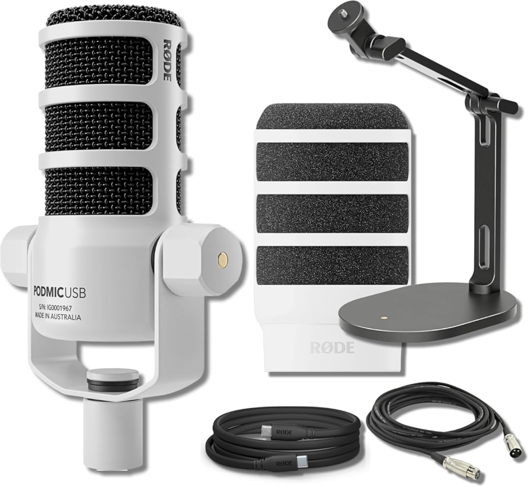 Rode PodMic USB Dynamic Broadcast Microphone (White) with Rode Desk Stand 2 (DS2) and XLR Cable