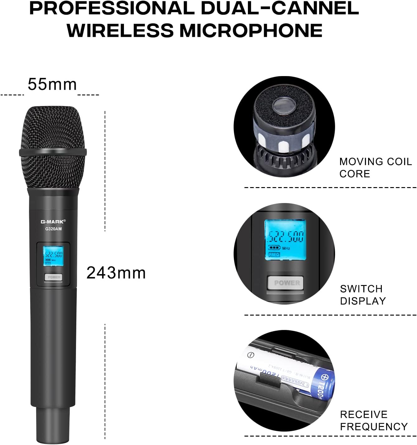 G-MARK Wireless Microphone System, Professional UHF Dual Channel Handheld Cordless Dynamic Mic Set for Home Karaoke,Church, DJ, Wedding, Meeting, Events, 200ft Range