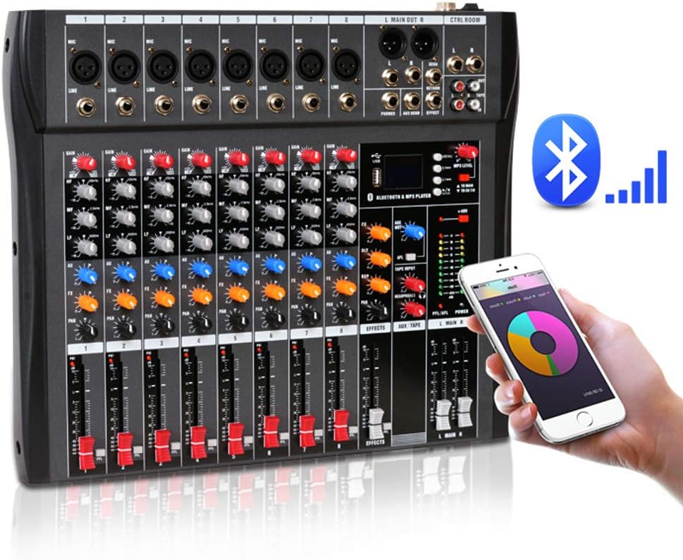8 Channel Professional Mixer Sound Board Console Interface Digital USB MP3 Phantom Power Stereo DJ Studio FX Steel Chassis, USB Bluetooth Audio Mixer