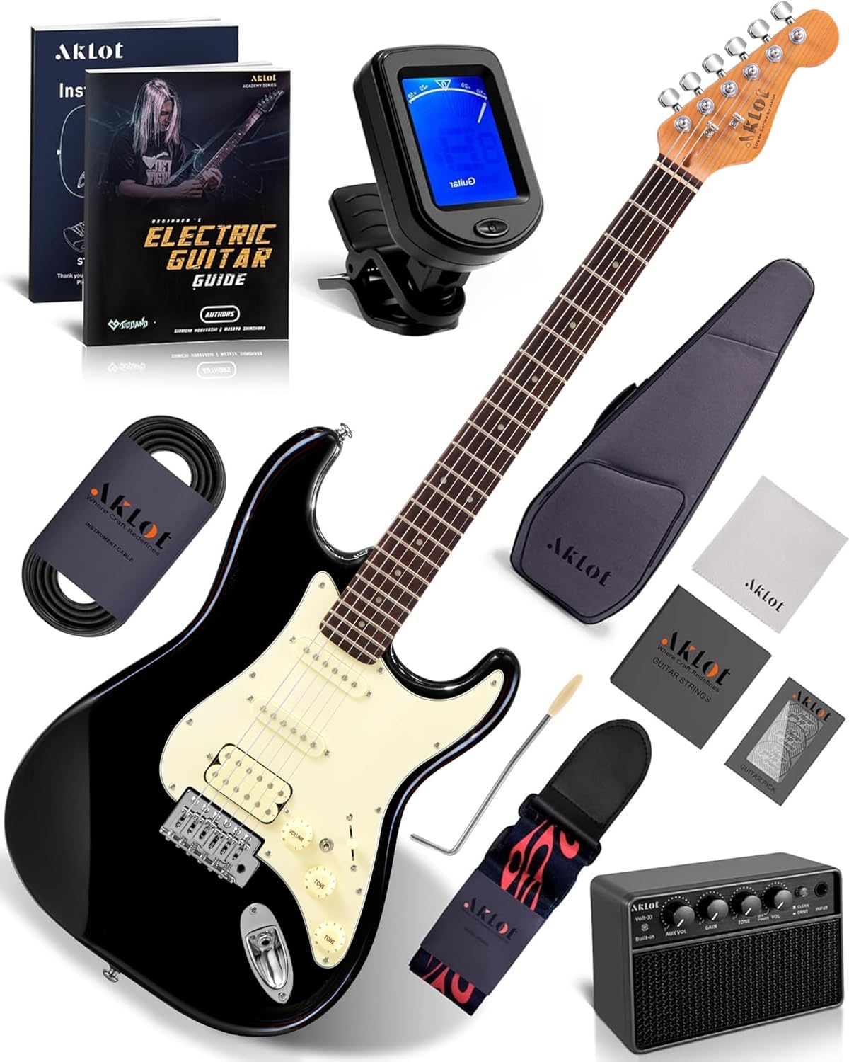 AKLOT Beginner Electric Guitar Kit: 10W Amp, Coil-Split HSS Pickups, Roasted Maple Neck, Gig Bag, Lesson Book, Tuner, Strap, Picks, Stryde Phantom Black