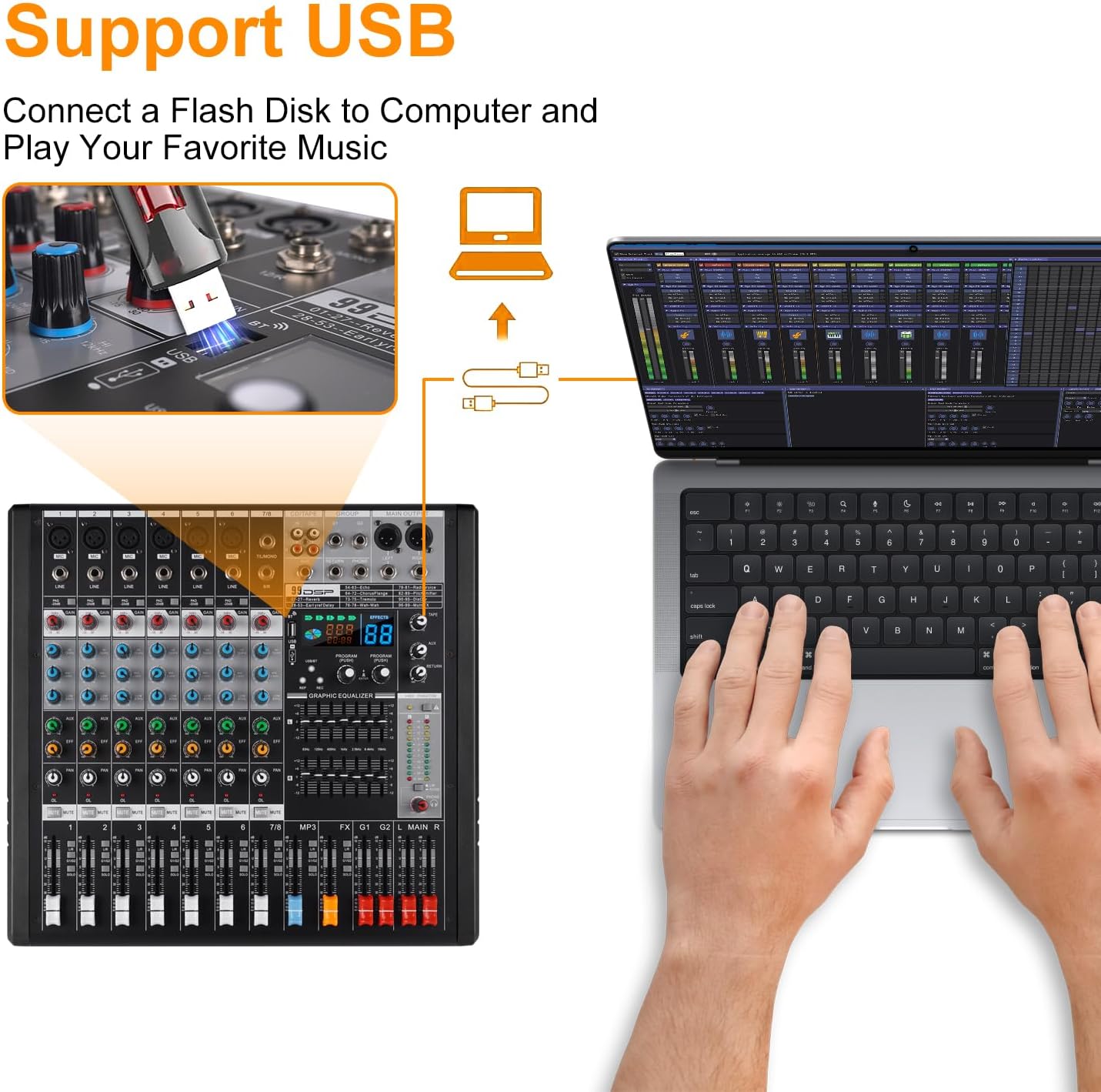 EX8 8-Channel Mixer and Sound Card Interface with Bluetooth/MP3, Dual 7 Band EQ+99 Reverb Effect for Home Studio, Podcast, Live - Desktop Digital Mixer Console for PC/DAW Recording