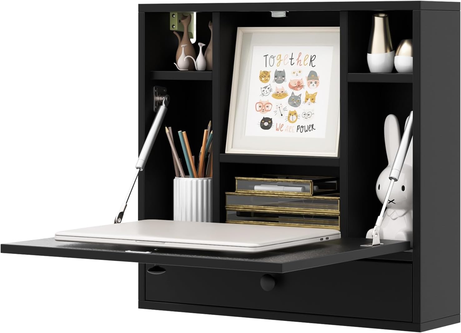 Folding Wall Desk, Wood Wall Mounted Desk with Storage Drawer and Shelves, Fold Down Wall Mount Laptop Desk, Corner Floating Desk for Small Spaces (Black)