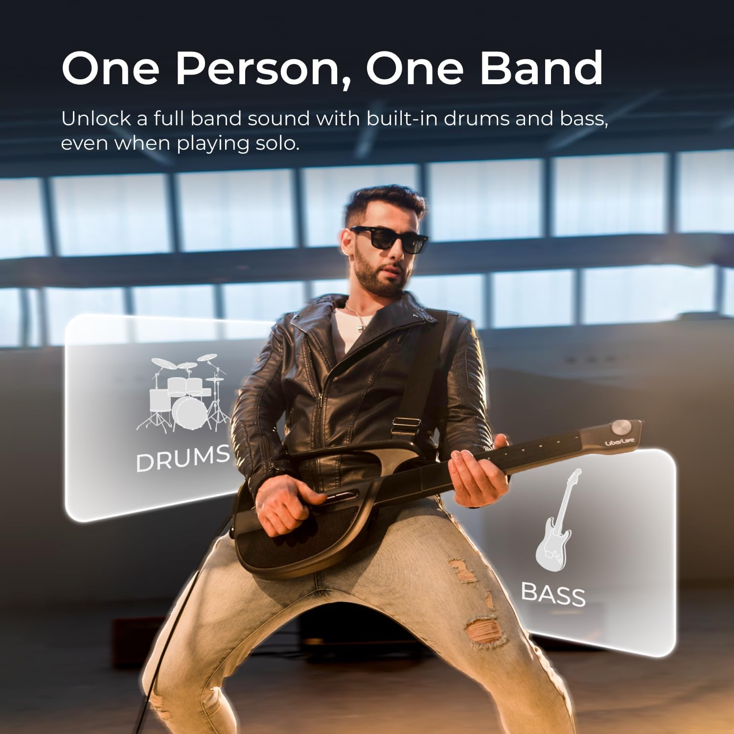 C1 Stringless Smart Guitar, Foldable Travel Backing Guitarra, Chord Generator, App Interactive Chord Sheets, Built-in Drum Machine & Bassline for One-Man Band, For Adults & Teens (Black)