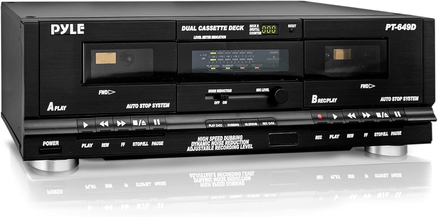 PyleUsa Dual Cassette Deck | Music Recording Device with RCA Cables | Removable Rack Mounting Hardware | CrO2 Tape Selector | Built-in 3 Digit Tape Counter - 110V/220V
