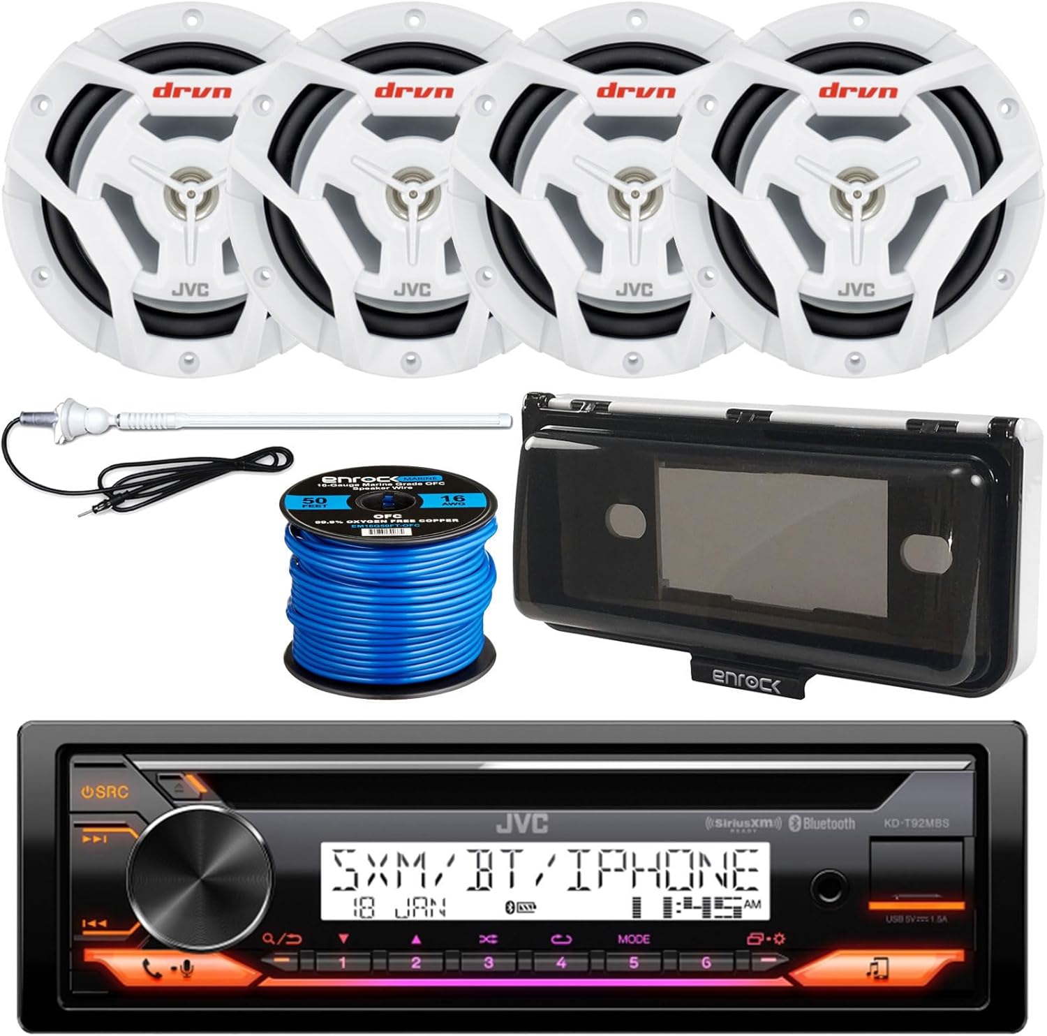 Single DIN Marine Bluetooth USB AUX AM/FM Radio CD Player Receiver Bundle Combo with 4X 6.5 150W 2-Way White Waterproof Boat Audio Speakers, Receiver Shield, Antenna, Speaker Wiring