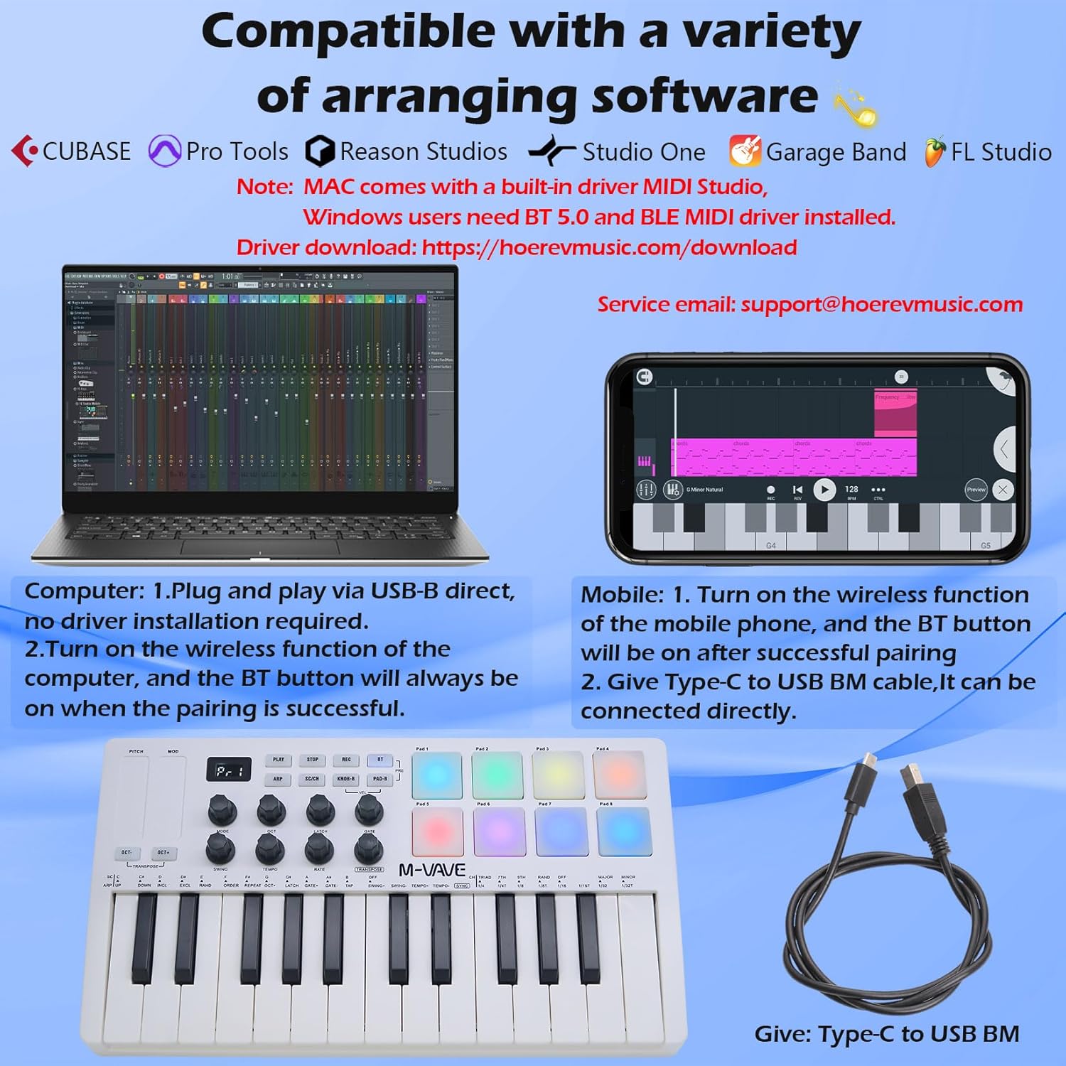 M-VAVE 25 Keys 8 Backlit Drum Pads MIDI Keyboard – Professional Beat Maker and Keytar for Keyboard Music Production Builtin Battery Wireless Connect White