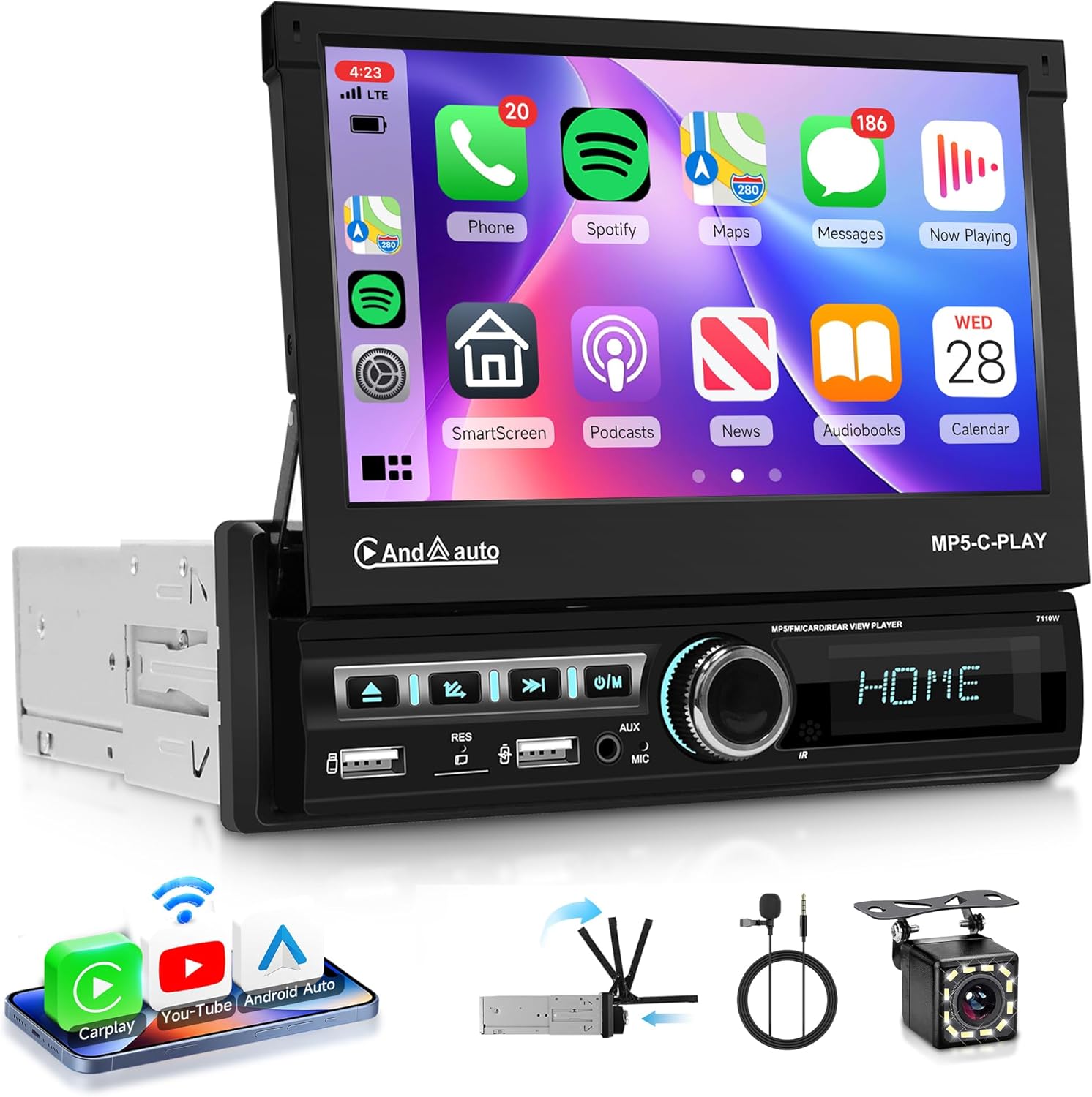 Rimoody Car Stereo Single Din Wireless Carplay Android auto, Electric Flip Out Car Radio with Bluetooth, 7 Inch Touchscreen, EQ, FM, Mirror Link, TF-Card, USB-2 + Rear View Camera