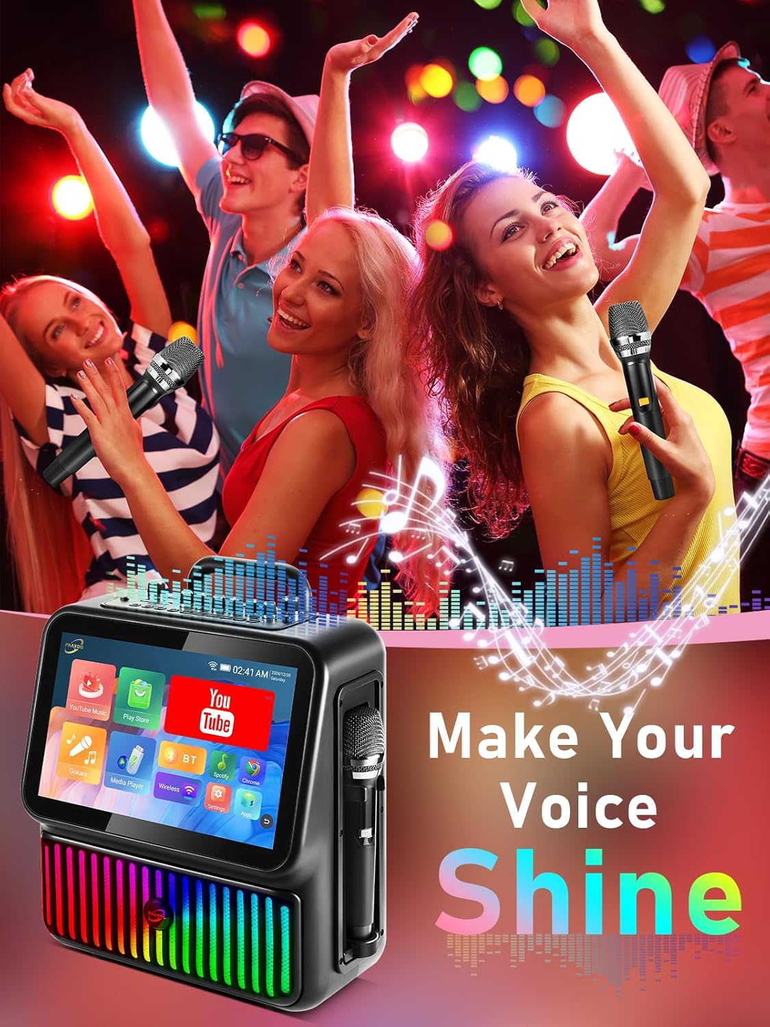 Smart Karaoke Machine, Bluetooth Karaoke Speaker with 2 Wireless Microphones，DJ Lights for Home Party Gathering, Karaoke Microphone Wireless PA System Supports
