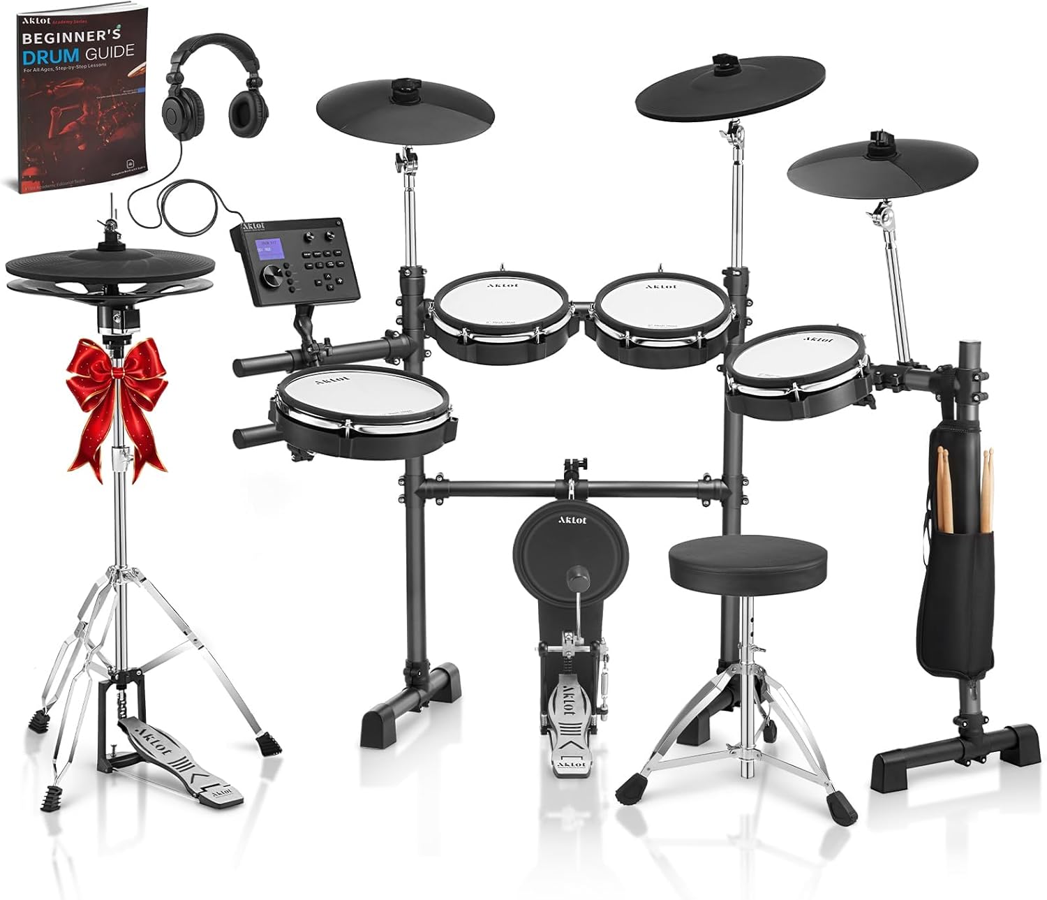 AKLOT Expanded-Size Electric Drum Set: 12'' Two-Piece Standalone Hi-Hat, Independent Kick Drum and 10'' Dual-Zone Snare, 12'' Triple-Zone Ride Cymbal, All Mesh Heads, 460 Sounds, USB MIDI (B-CORE541)