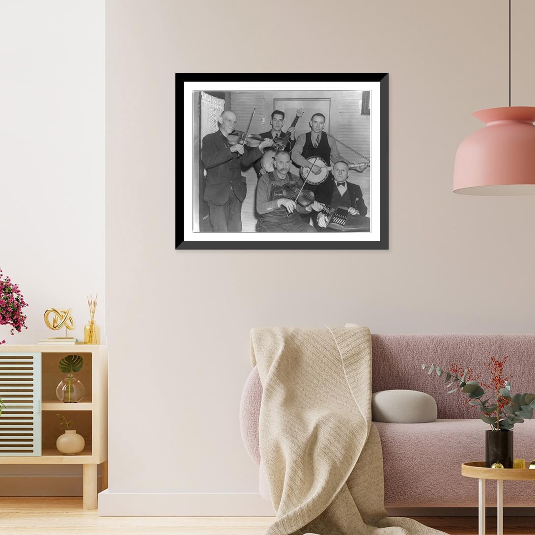 Historic Framed Print, [Members of the Bog Trotters Band, posed holding their instruments, Galax, Va. Back row: Uncle Alex Dunford, fiddle; Fields Ward, guitar; Wade Ward, banjo. Front row: Crockett Ward, fiddle; Doc Davis, autoharp], 17-7/8