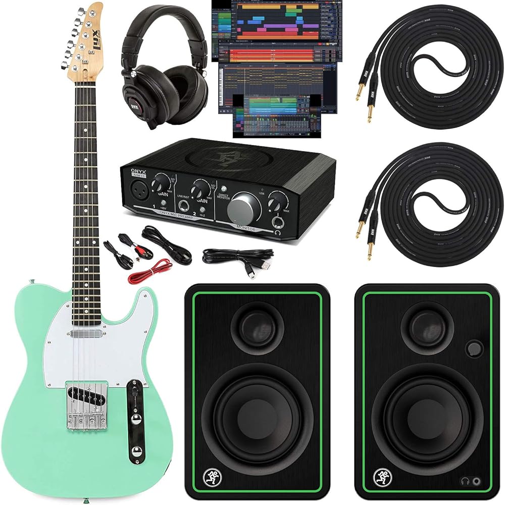 LyxPro Full-Size 39” Electric Telecaster Guitar Green, Solid Wood, Mackie Onyx Artist 2-2 Audio/Midi interface With Pro Tools First/Tracktion Music Production Software Kit, Professional Headphones