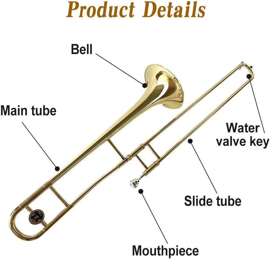 Bb Tenor Slide Trombone – B Flat Brass Trombone with Gold Lacquer Finish- Includes Hard Case, Mouthpiece & Cleaning Kit – Fit for Students & Musicians and Beginners（12.7 mm & 205 mm）