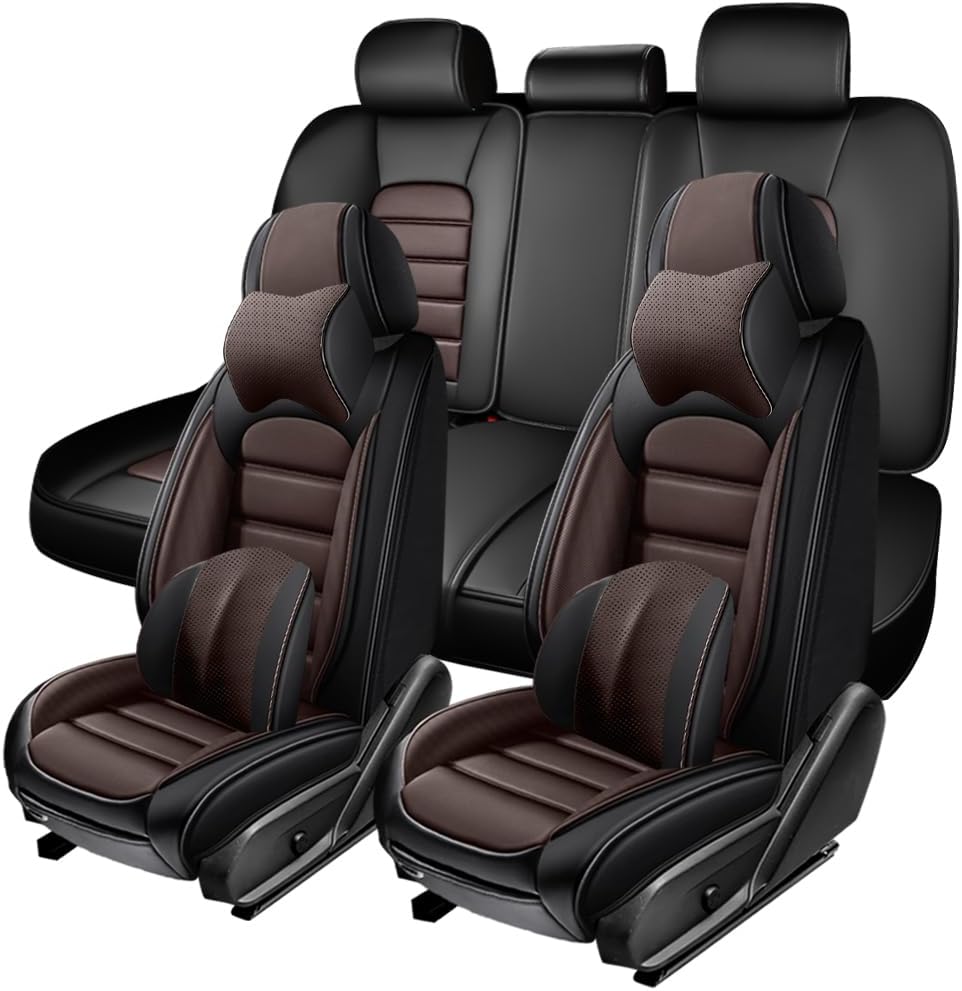 5 Seat Covers for Ford Explorer 2004-2024,Premium Nappa Leather Car Seat Covers Seat Cushions,Waterproof Soft Seat Covers for Cars,Interior Accessories Airbag Compatible（Luxury-Black&Coffee）