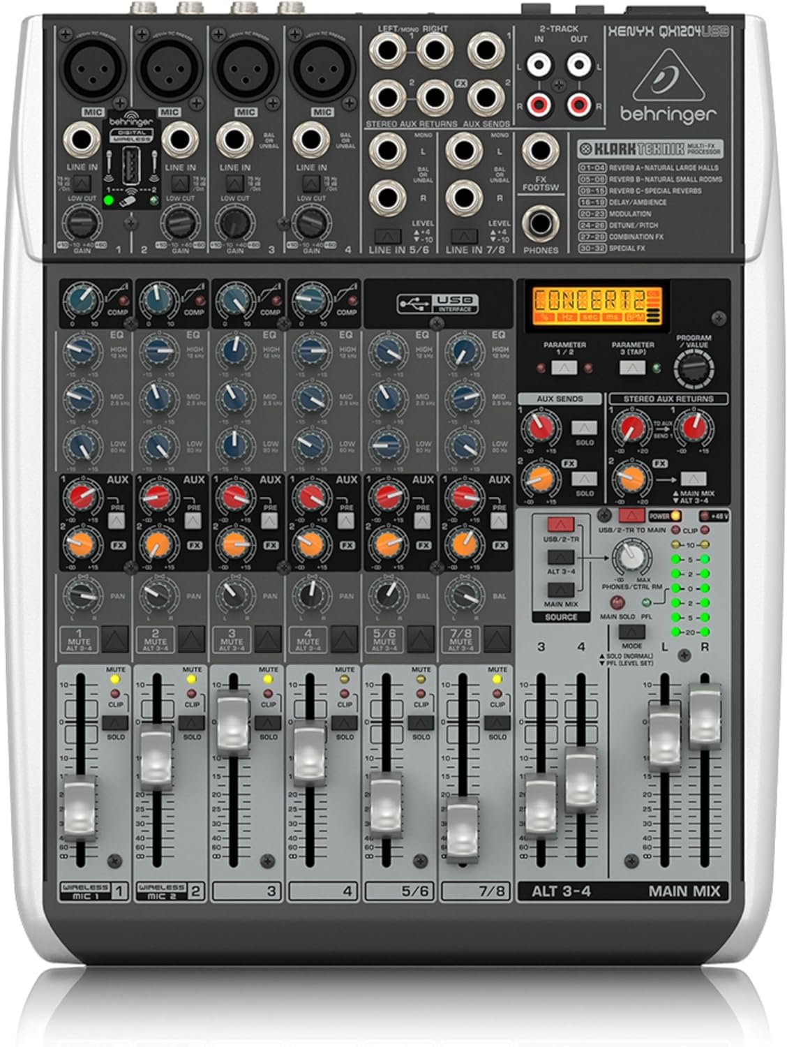 Behringer XENYX QX1204USB Premium 12-Input 2/2-Bus Mixer with XENYX Mic Preamps and Compressors, Klark Teknik Multi-FX Processor, Wireless Option and USB/Audio Interface