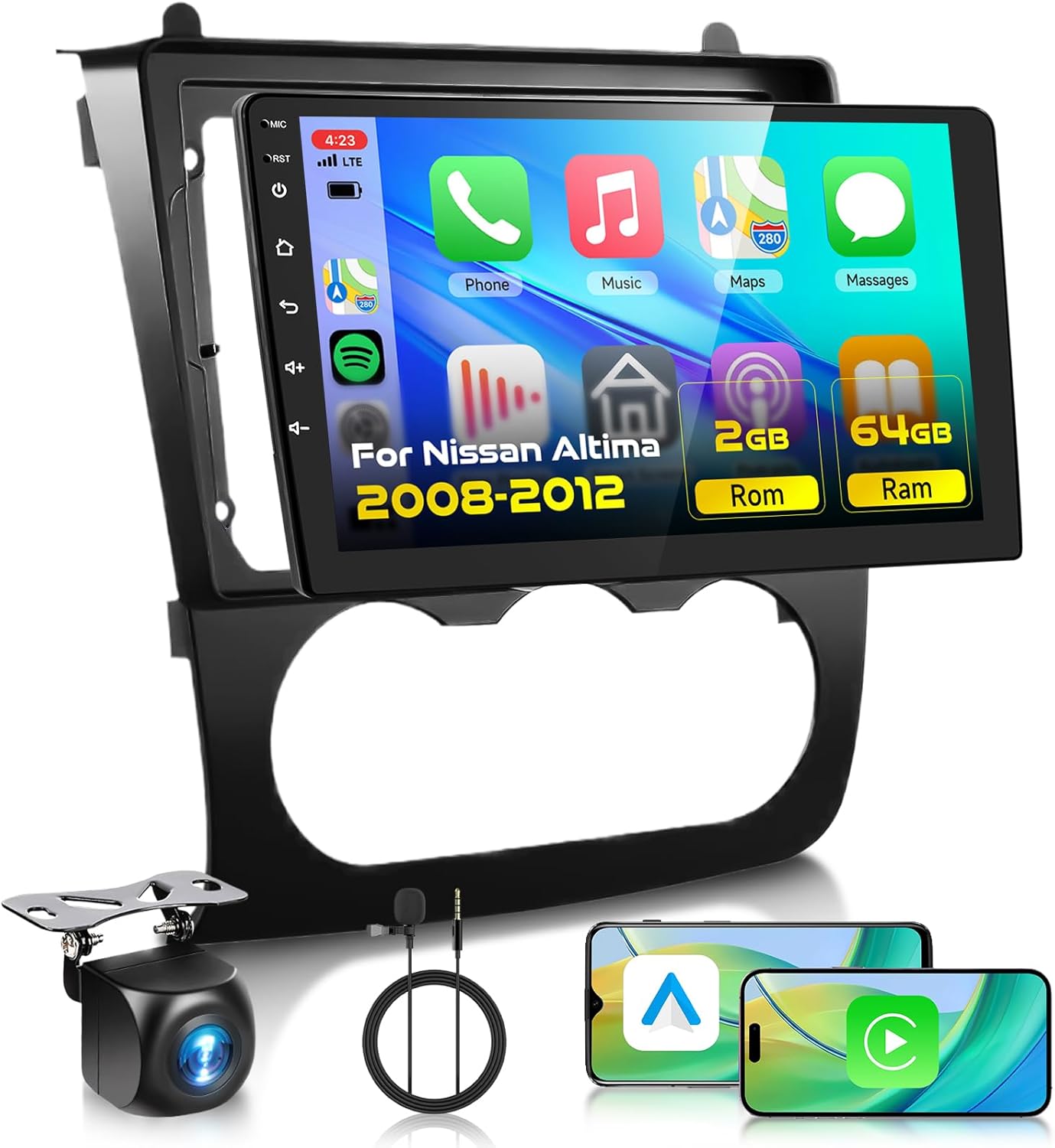 2G+64G Car Radio Stereo for Nissan Altima 2008-2012 with Wireless CarPlay Android Auto, 9 Inch Android 13 Touch Screen HiFi Audio GPS Navigation WiFi Bluetooth SWC HD Camera (Manual A/C)