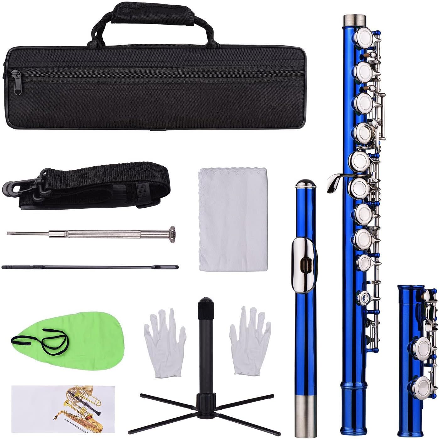 Flute Kit Closed Hole C Flute 16 Keys Cupronickel Nickel- Plated Wind Instrument with Carry Case Flute Stand Gloves Cleaning Cloth Intermediate Flute (Color : Dark Blue)