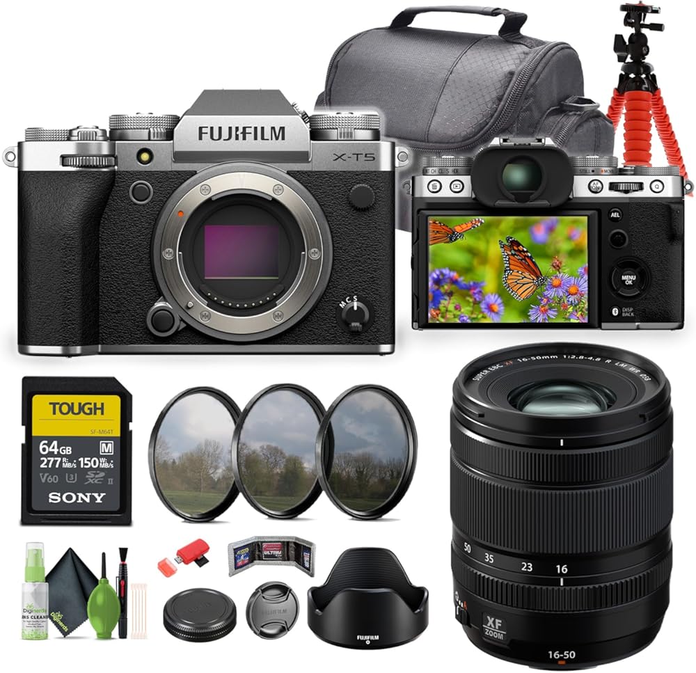 FUJIFILM X-T5 Mirrorless Camera (Silver) Bundle with Fuji XF 16-50mm f/2.8-4.8 R LM WR Lens + 64GB SF-M Tough Series UHS-II SDXC Memory Card + Cleaning kit + 12 inch Flexible Tripod + More