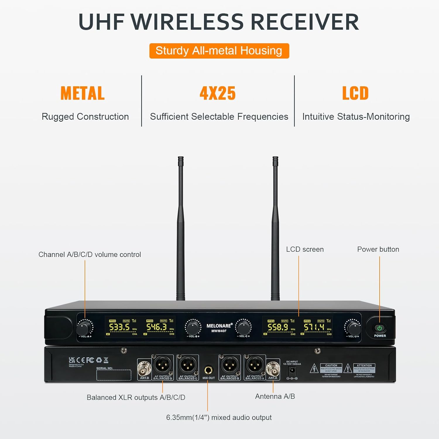 UHF Wireless Microphone System, Quad-Channel Wireless Mic Set w/ 4 Handheld Mics, 260 ft, 4X 25 Frequencies, Dynamic Microphones for Singing, Home Karaoke, DJ, Church, Wedding (MWM-40F)