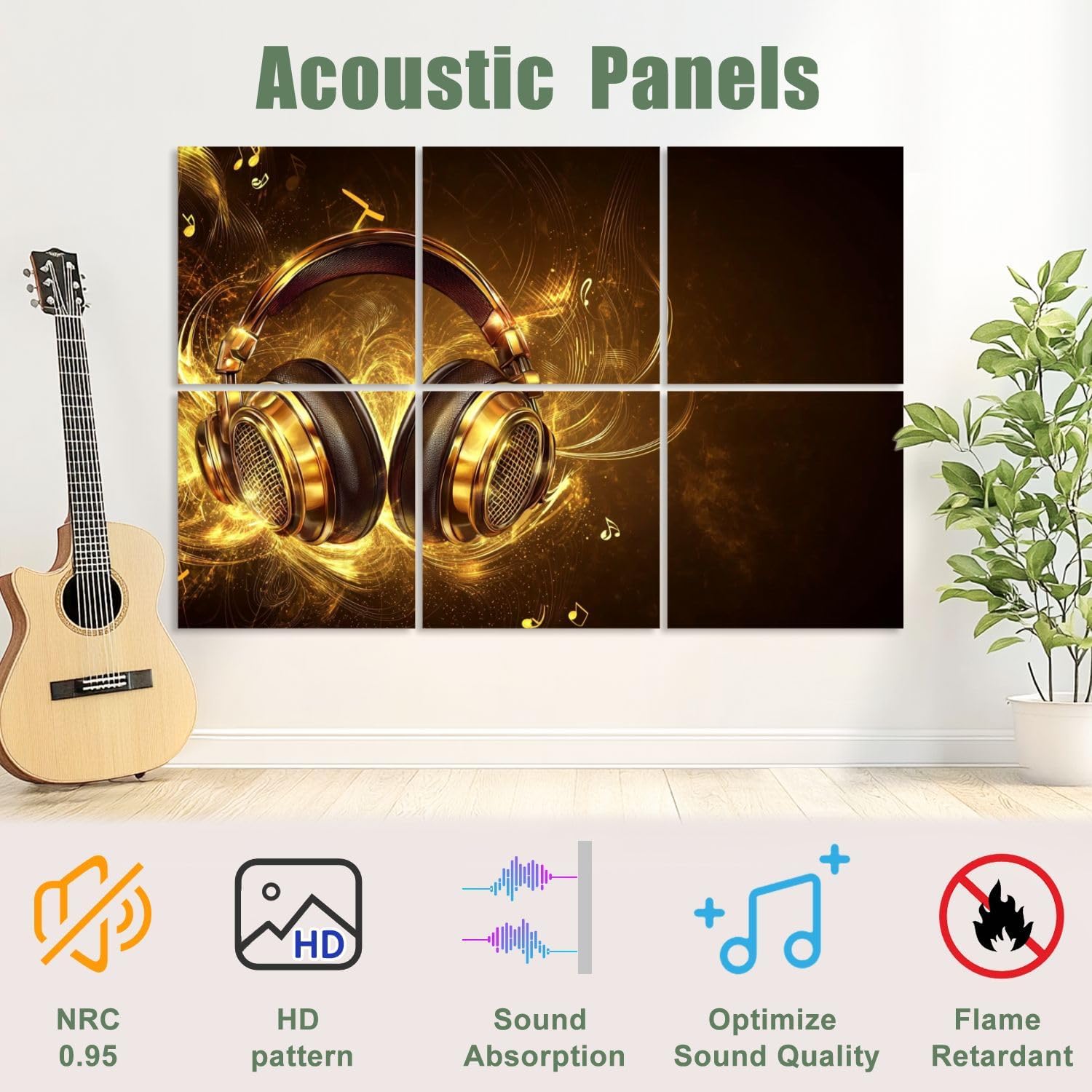 6 Pack Art Acoustic Panels Sound Absorbing Music Gold Metal Microphone Musical Note Golden Headphones Notes Decorative Soundproof Wall Panels Self Adhesive for Recording Studios Office 72
