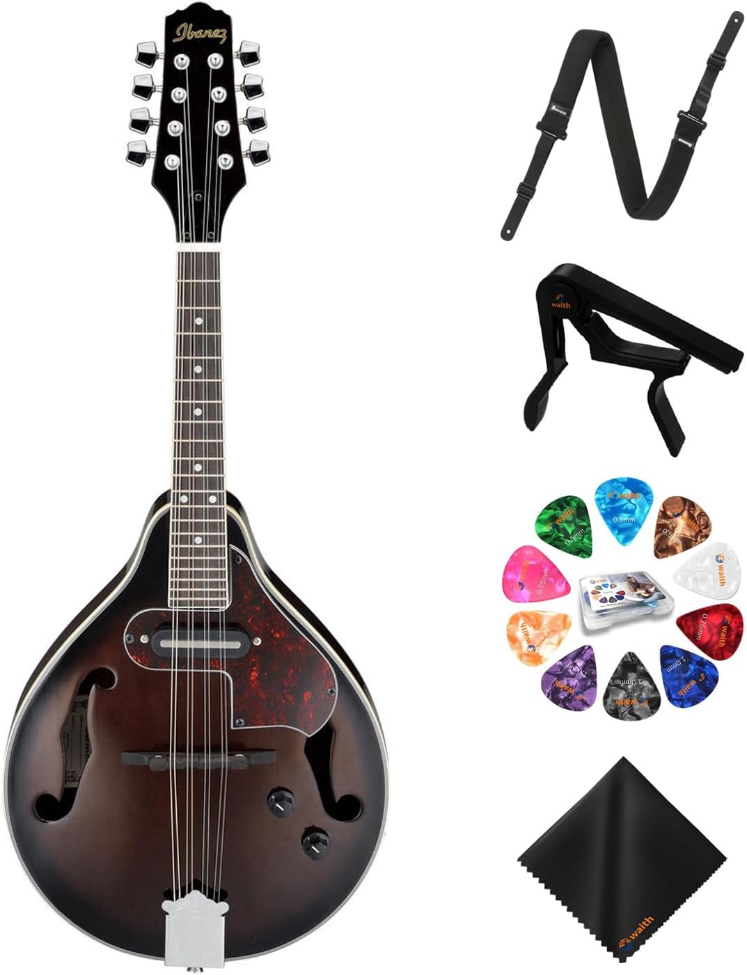 Ibanez M510EDVS 8-String Electric Mandolin (Dark Violin Sunburst) - A-Style Mandolin with GSF50 Powerpad Strap, String Capo, 15 Pack Guitar Picks with Storage Box & Cleaning Cloth (Bundle Set)
