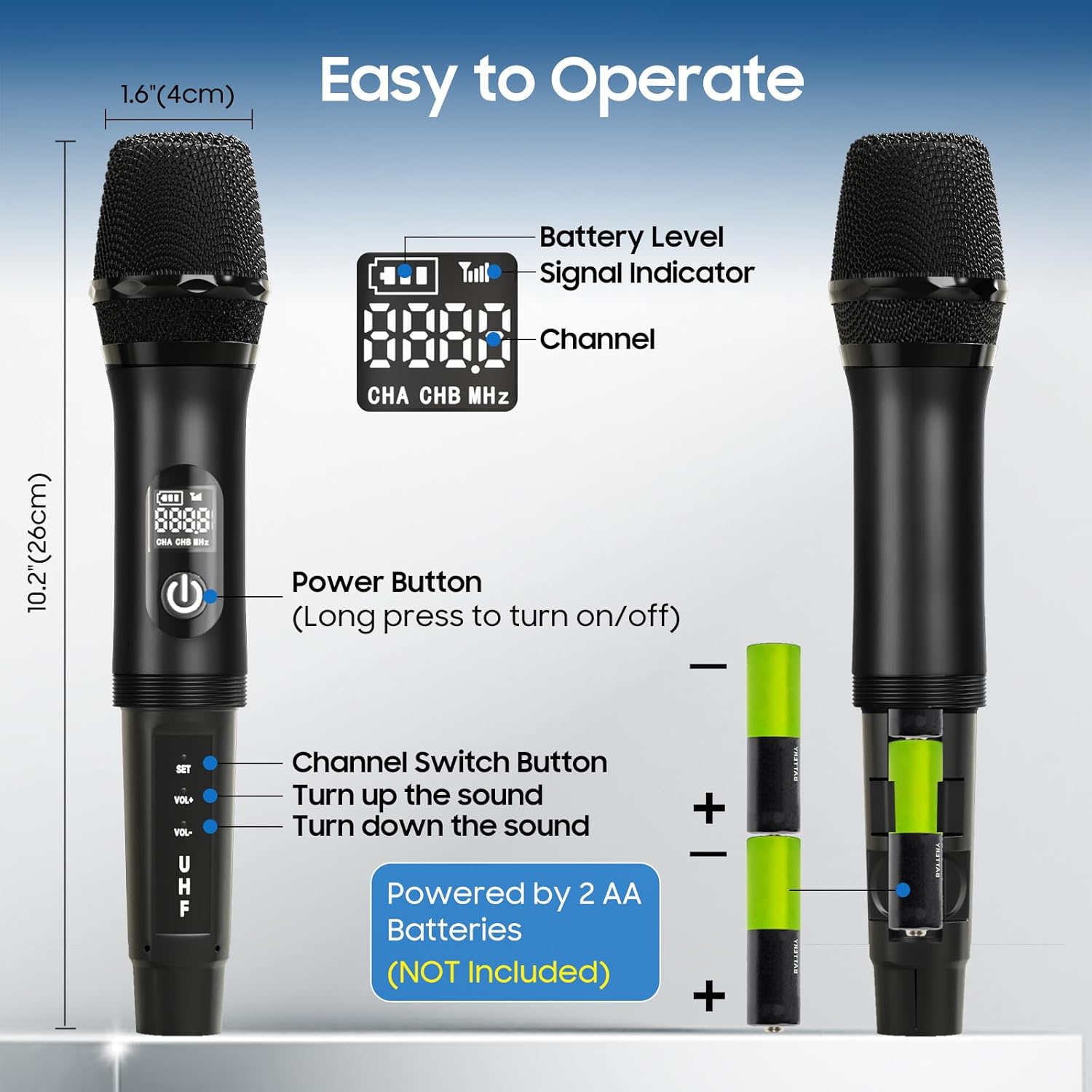 Wireless Microphone System, UHF Professional Metal Dynamic Handheld Wireless Microphone, Karaoke Microphone, Suitable for Home KTV, conferences, speeches, Churches, DJs, Weddings, 200 feet (Black)