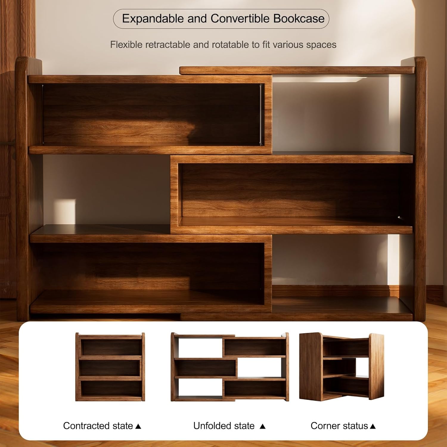 Expandable Convertible Bookcase with Adjustable Width, Storage Organizer Bookshelf Decorative Display Shelf for Office Bedroom Living Room(60-114cm/23.6-44.9in)