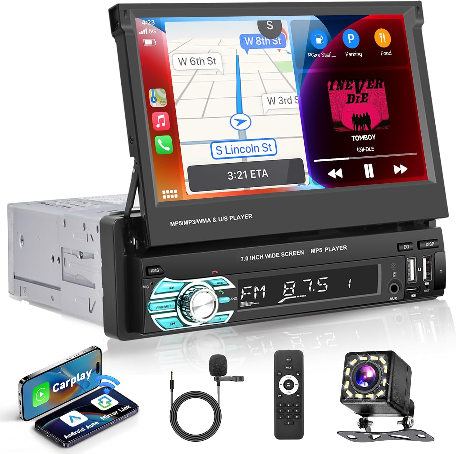 Wireless Carplay Single Din Stereo, 7 Inch HD Flip Out Touchscreen Car Radio with Wired/Wireless Car Play Android Auto Bluetooth5.1 Mirror Link Type-C/USB/AUX/TF SWC Car Audio Receiver+Backup Camera