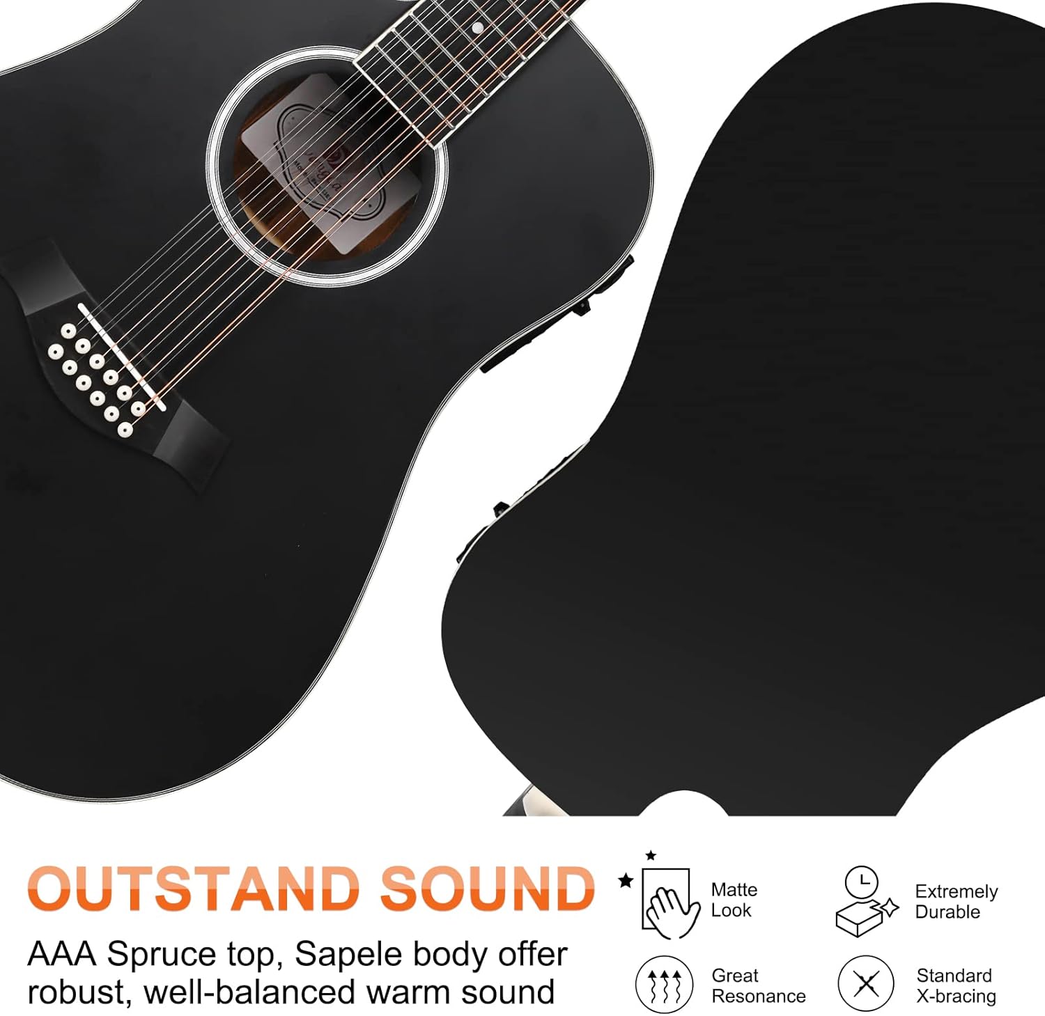 Vangoa LEFT HANDED 12 String Guitar Acoustic electric Cutaway 42 Inch Full Size Dreadnought Spruce Top Sapele Body for Beginners Teens Adults, Black, Matte