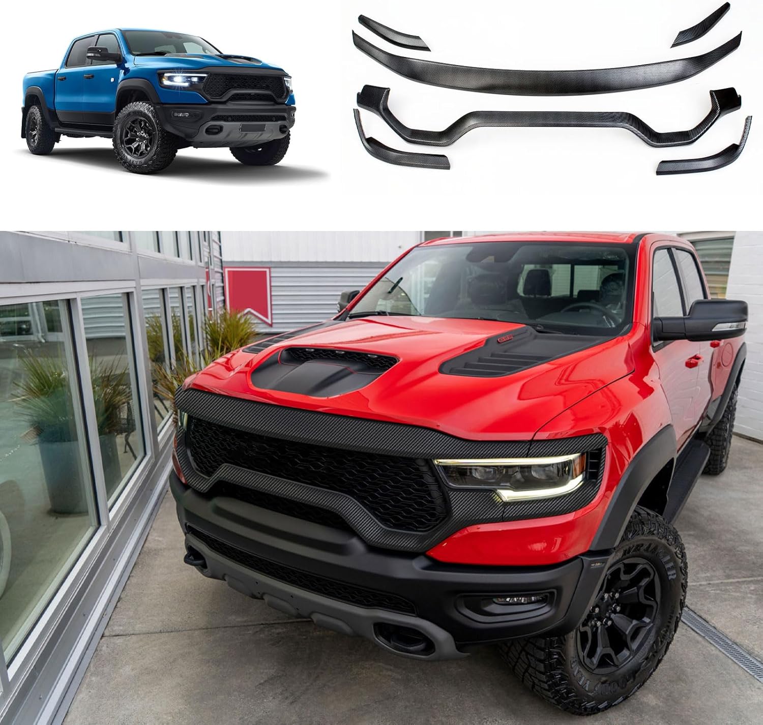 Front Grille Trim Compatible With Dodge Ram 1500 2024 2023 2022 2021 2020 2019 Front Bumper Grille Strip Frame Trim Exterior Car Accessories ABS 6PCS(Carbon Fiber Style)