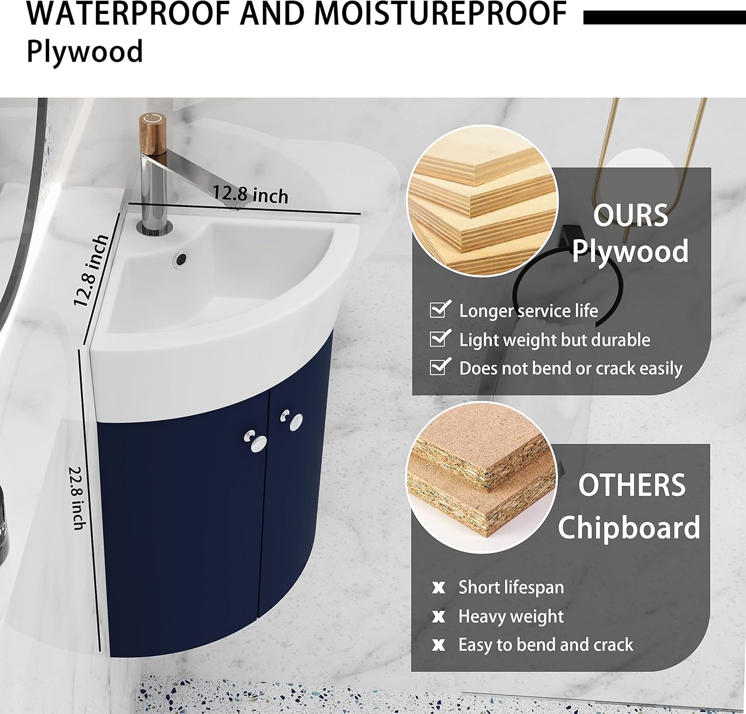 12.8 Inch Corner Bathroom Vanity Sink Combo for Small Space Wall Mounted Cabinet Set,Ceramic Sink