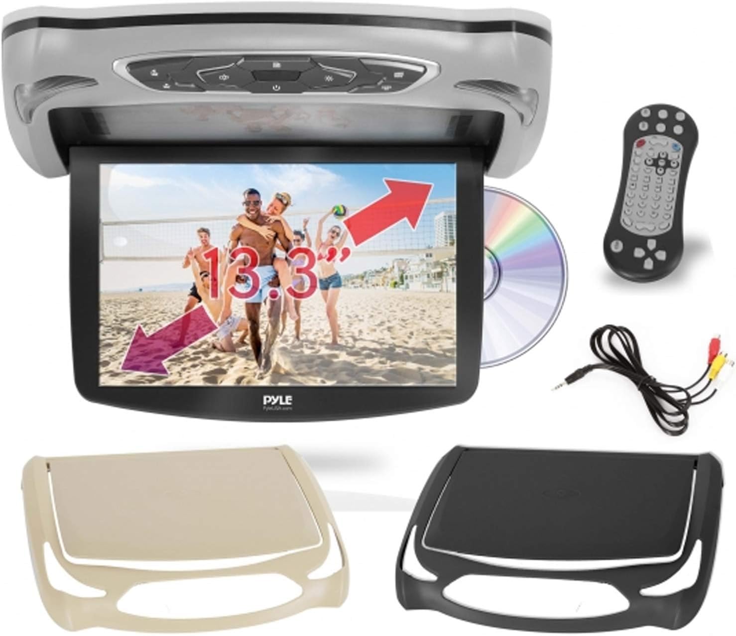 Pyle Car Roof Mount DVD Player Monitor 13.3 inch Vehicle Flip Down Overhead Screen- HDMI SD USB Card Input with Built-in IR Transmitter for Wireless IR Headphone, 3 Style Colors - Pyle PLRD146
