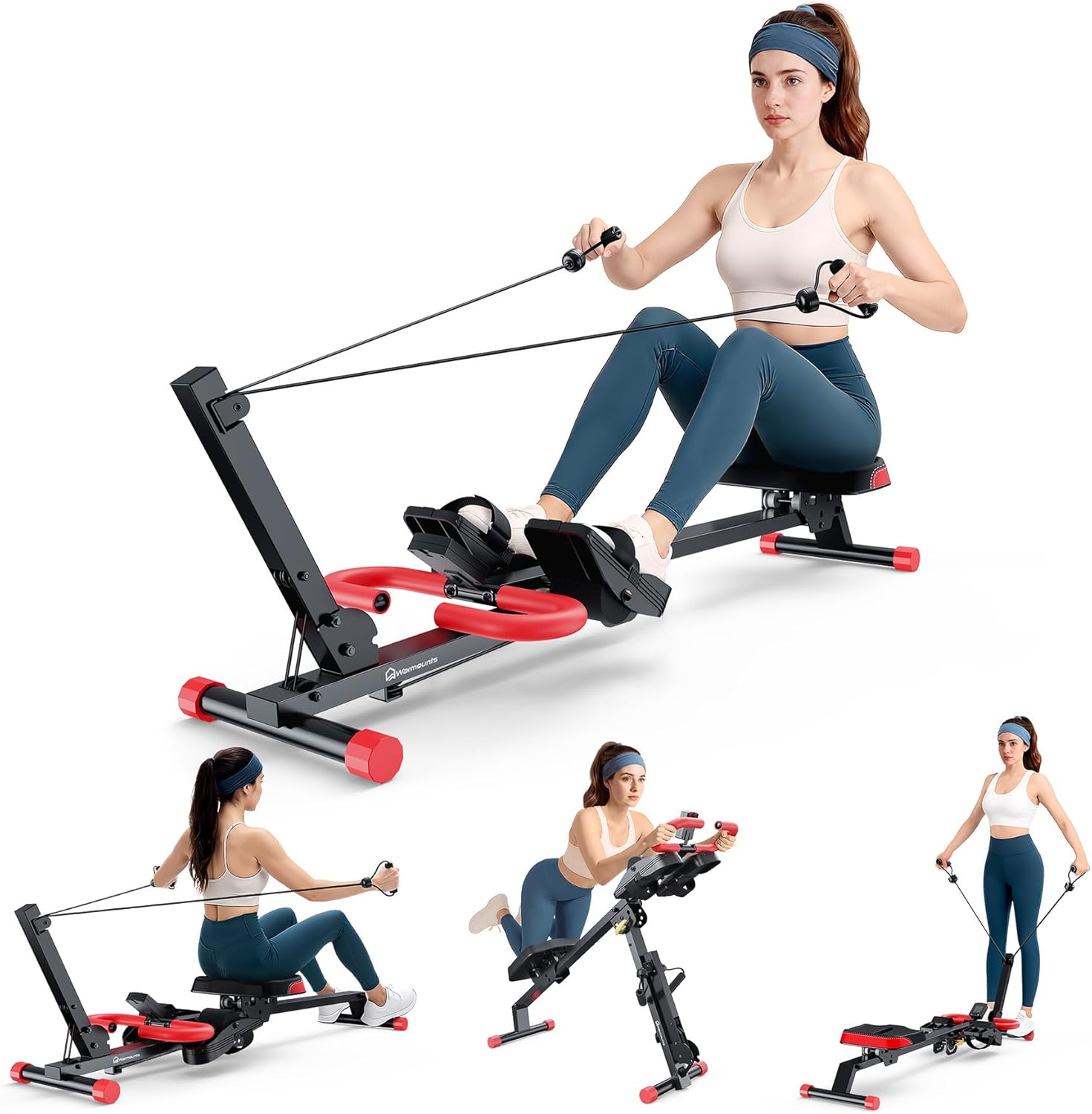 WARMOUNTS Rowing Machine, 4 in 1 Adjustable Ab Machine with 4 Levels and 4 Heights, Foldable Rowing Machine for Home Gym with LCD Display, 266lbs Weight Capacity