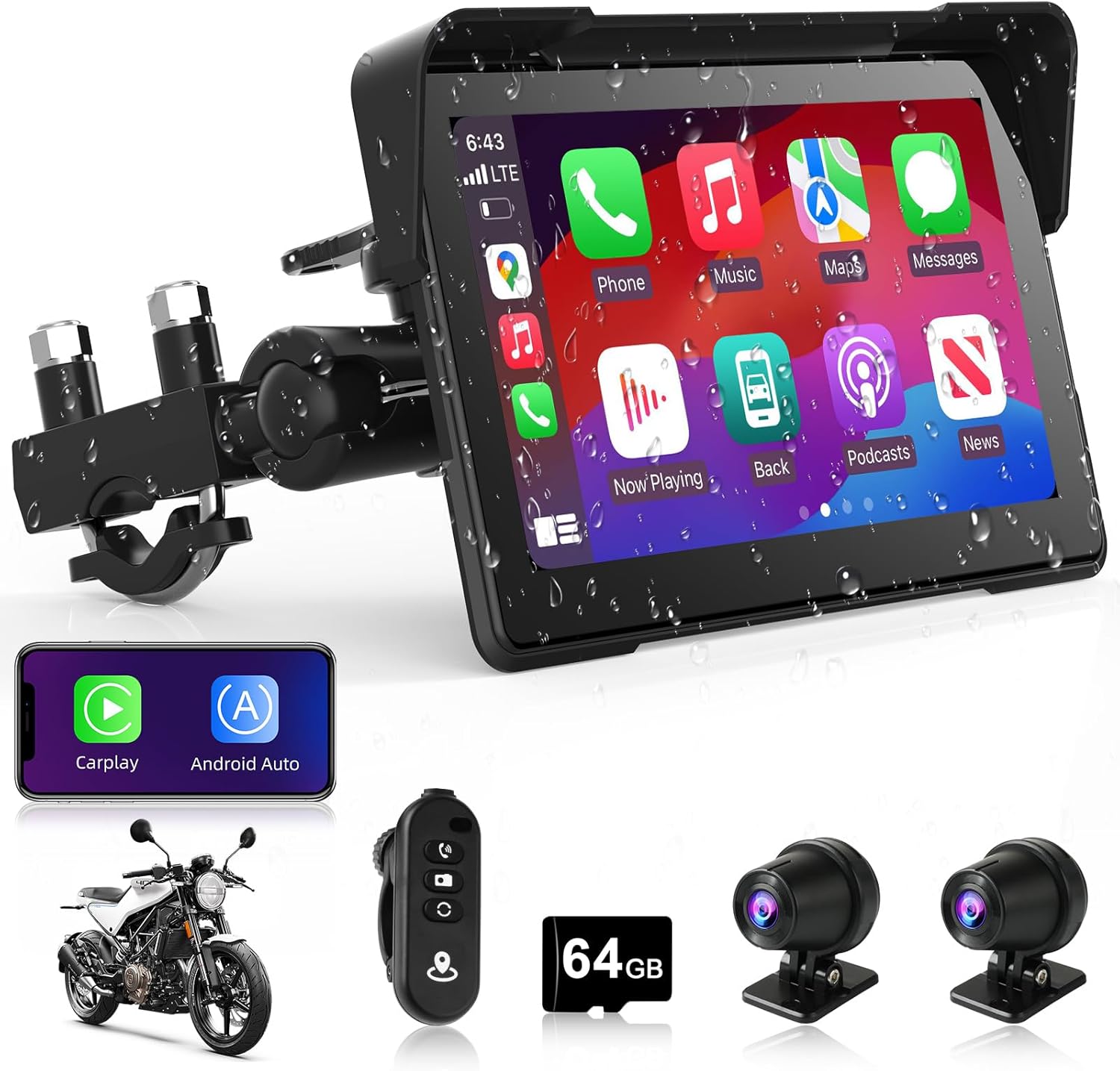 7 inch Motorcycle CarPlay Motorcycle w Dual 2K Dash Cam Wireless Carplay Android Auto Screen for Moto with GPS Navigation for Motorbike Voice Control Light Sensor Bluetooth TF-64G Waterproof