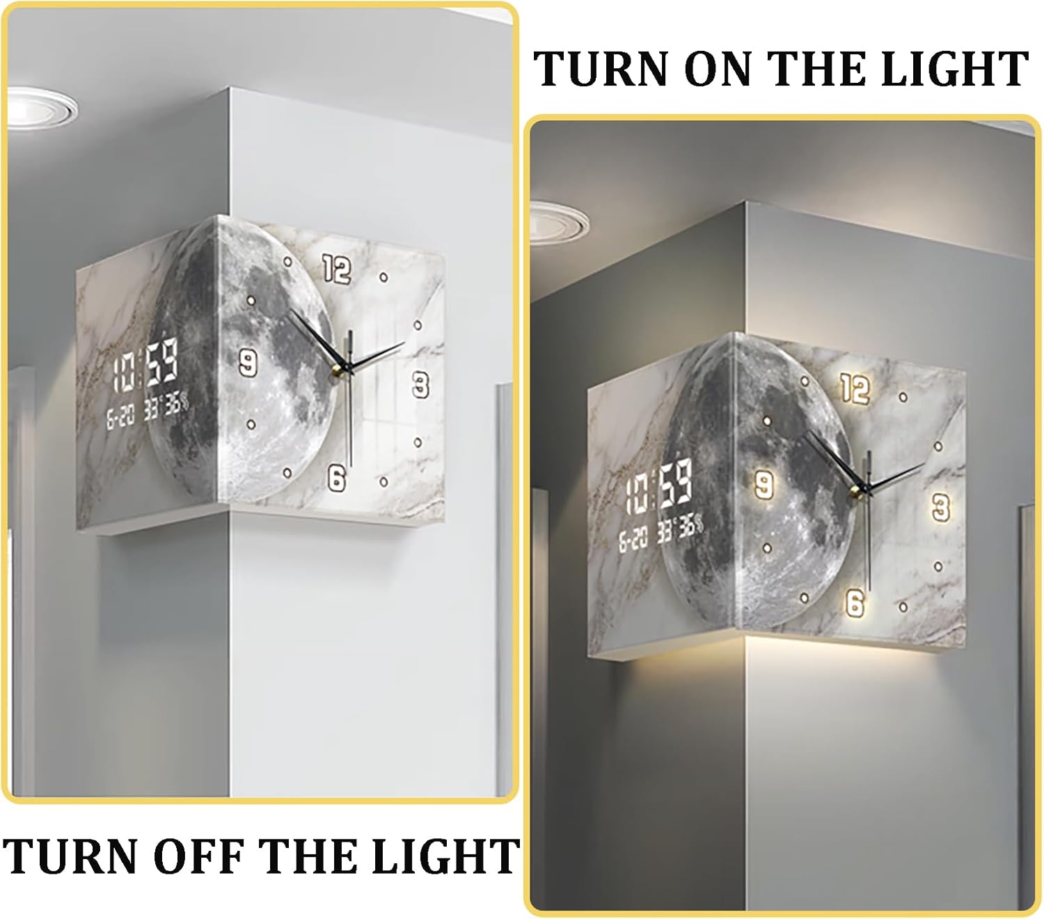 Luxury Double-Sided Corner Wall Clock with LED Light, Modern Large Digital Wall Mount Clock for Living Room, Bedroom, Home Decorative(10'', Sensor Luminous)