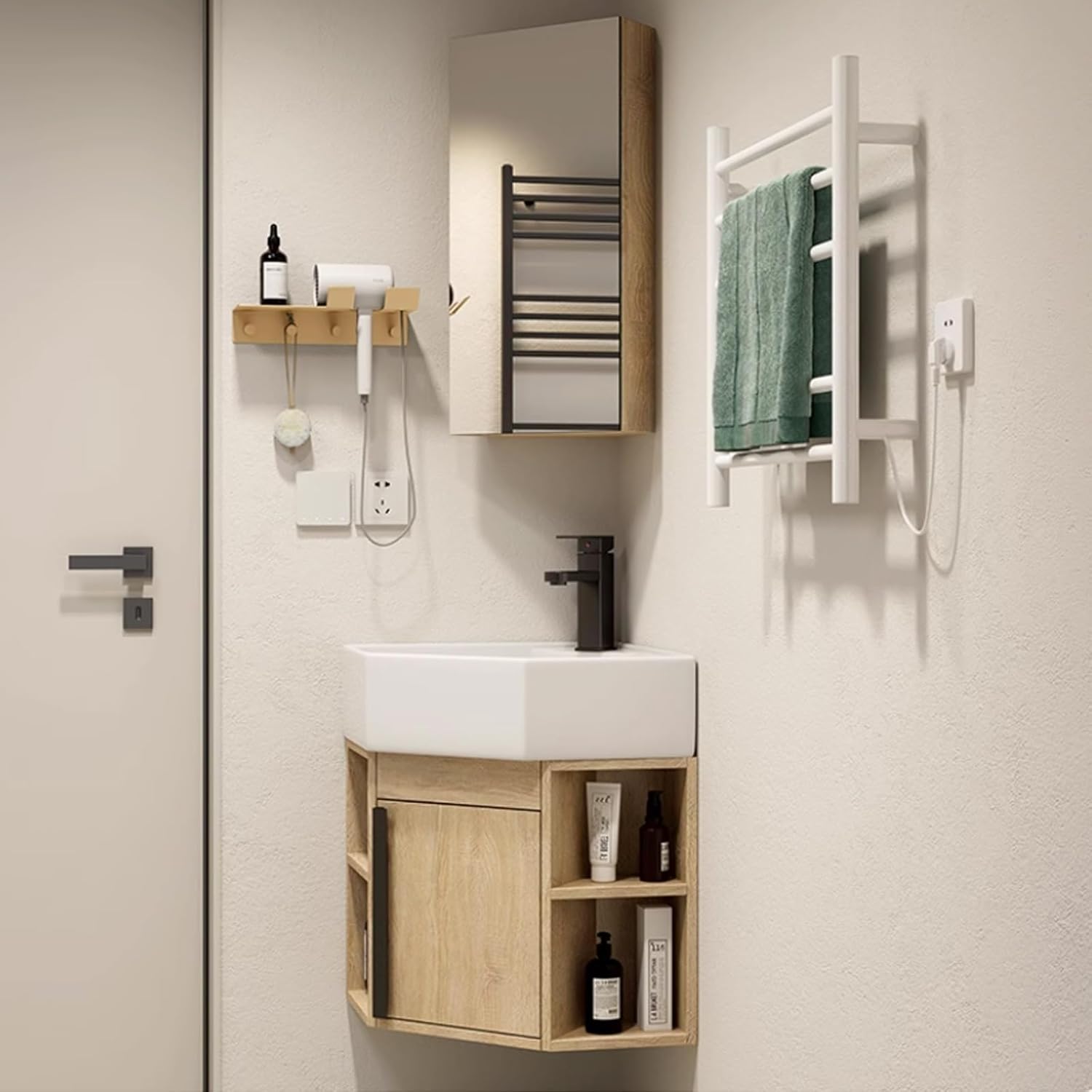 Small Wall Mount Corner Sink,Wall Mounted Freestanding Practical Bathroom Sink,Combo with Corner Mirror Cabinet,Triangle Corner Bathroom Sink,with Cabinet for Home Kitchen Patio Room