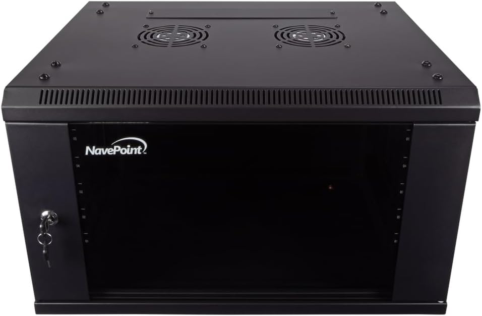 NavePoint 6U Server Cabinet Wall Mount Rack Enclosure Includes 2 Fans, Locking Glass Door, Removable Side Panels – 6U Network Cabinet 17.7” Deep, 19 Inch Server Rack for IT and A/V Equipment