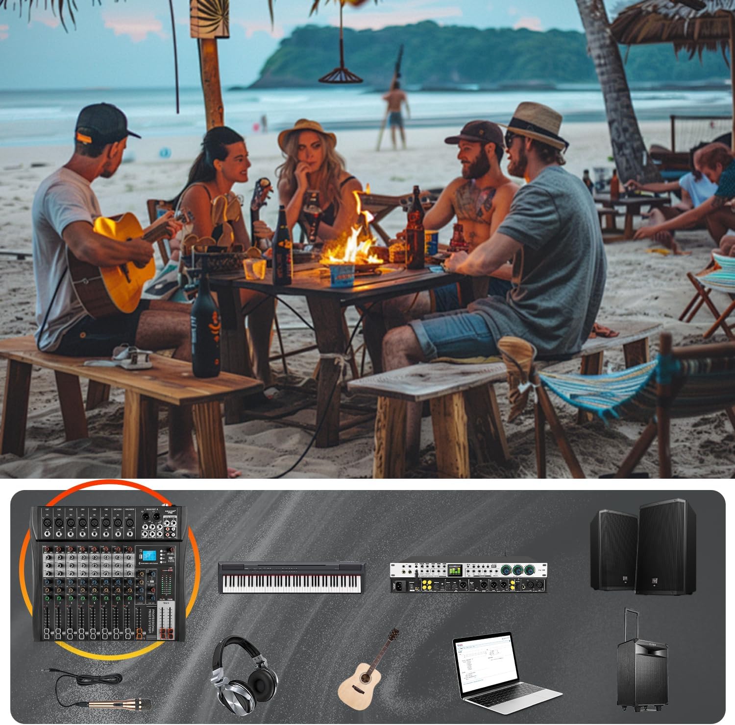 Professional Audio Mixer, 6 Channel Mixer Sound Board Mixer DJ Mixing，Equipped With 48v Phantom Power USB Recording Bluetooth MP3 Player, Studio Audio Mixer Suitable for DJ Studio Streaming Recording