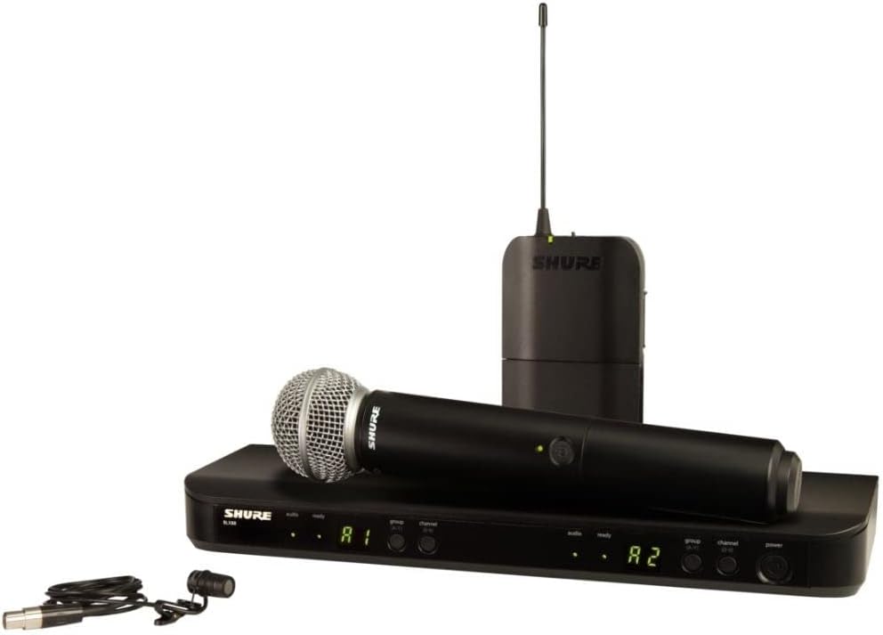 Shure BLX1288/W85 UHF Wireless Microphone System, 300ft Range, 14-Hour Battery Life, Includes Handheld & Lavalier Mics, Dual Channel Receiver, H11 Band