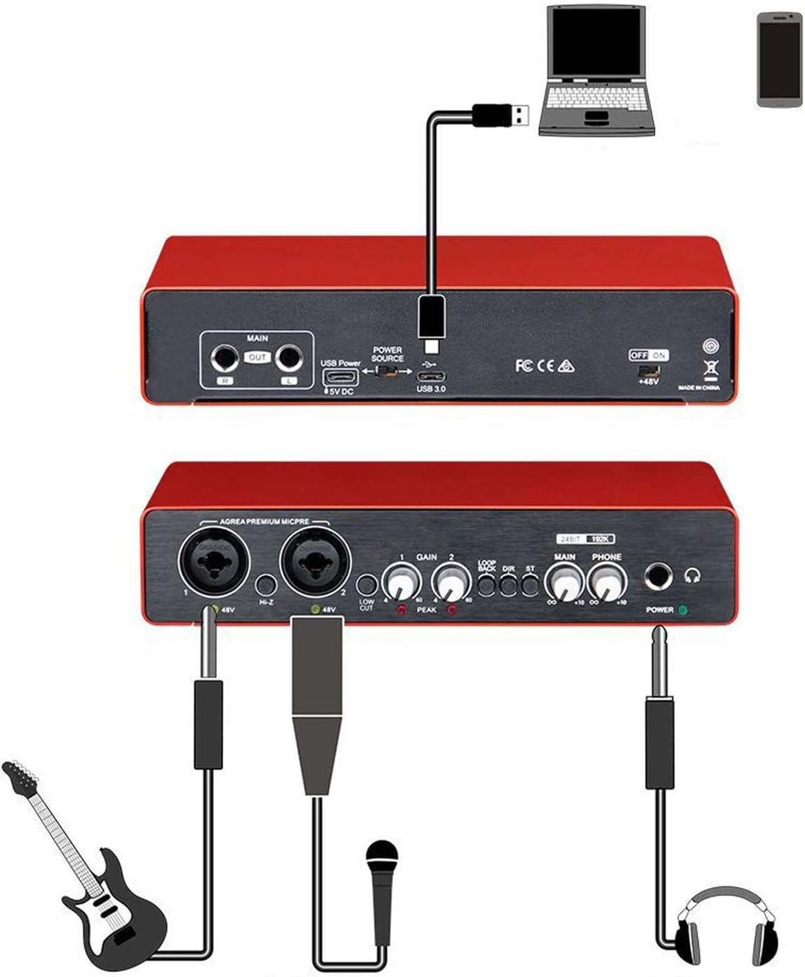 USB Sound Card,External Sound Card for Laptop,24 Bit 192kH HD Sound Card with Gain Knob for PC Smartphones Guitars Mic Headphones,Low Cut High Pass Filter