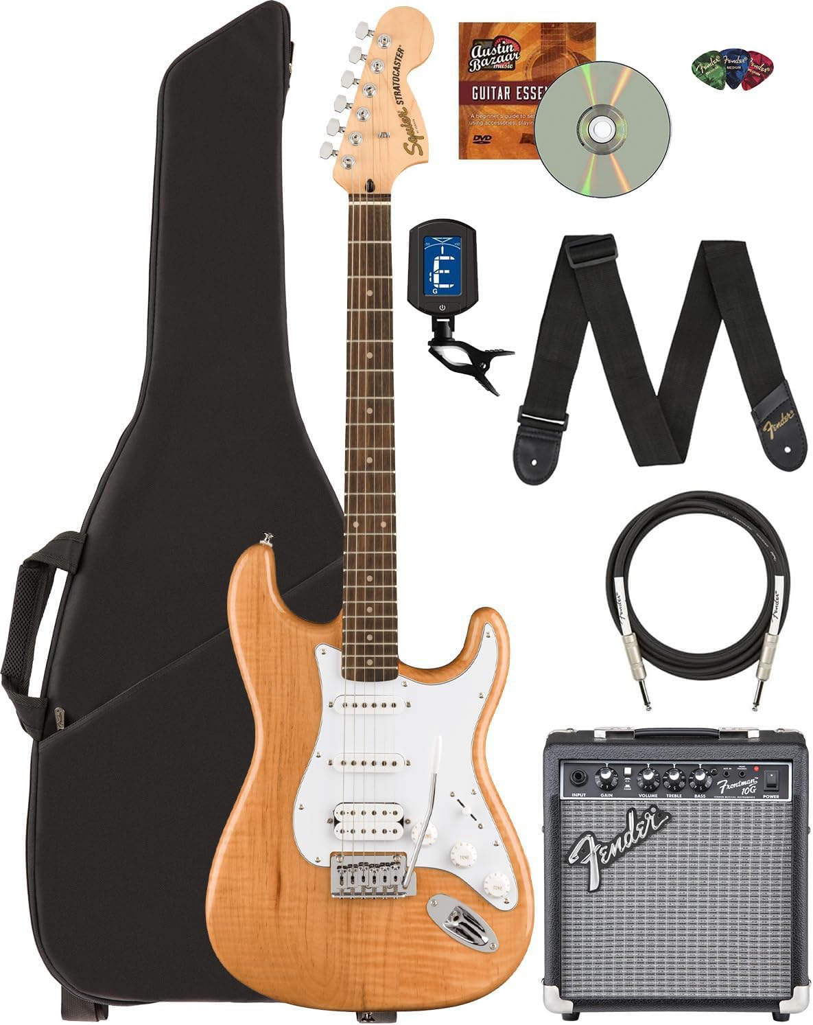 Fender Affinity Stratocaster HSS - Natural Bundle with Frontman 10G Amplifier, Gig Bag, Tuner, Instrument Cable, Strap, Picks, and Austin Bazaar Instructional DVD