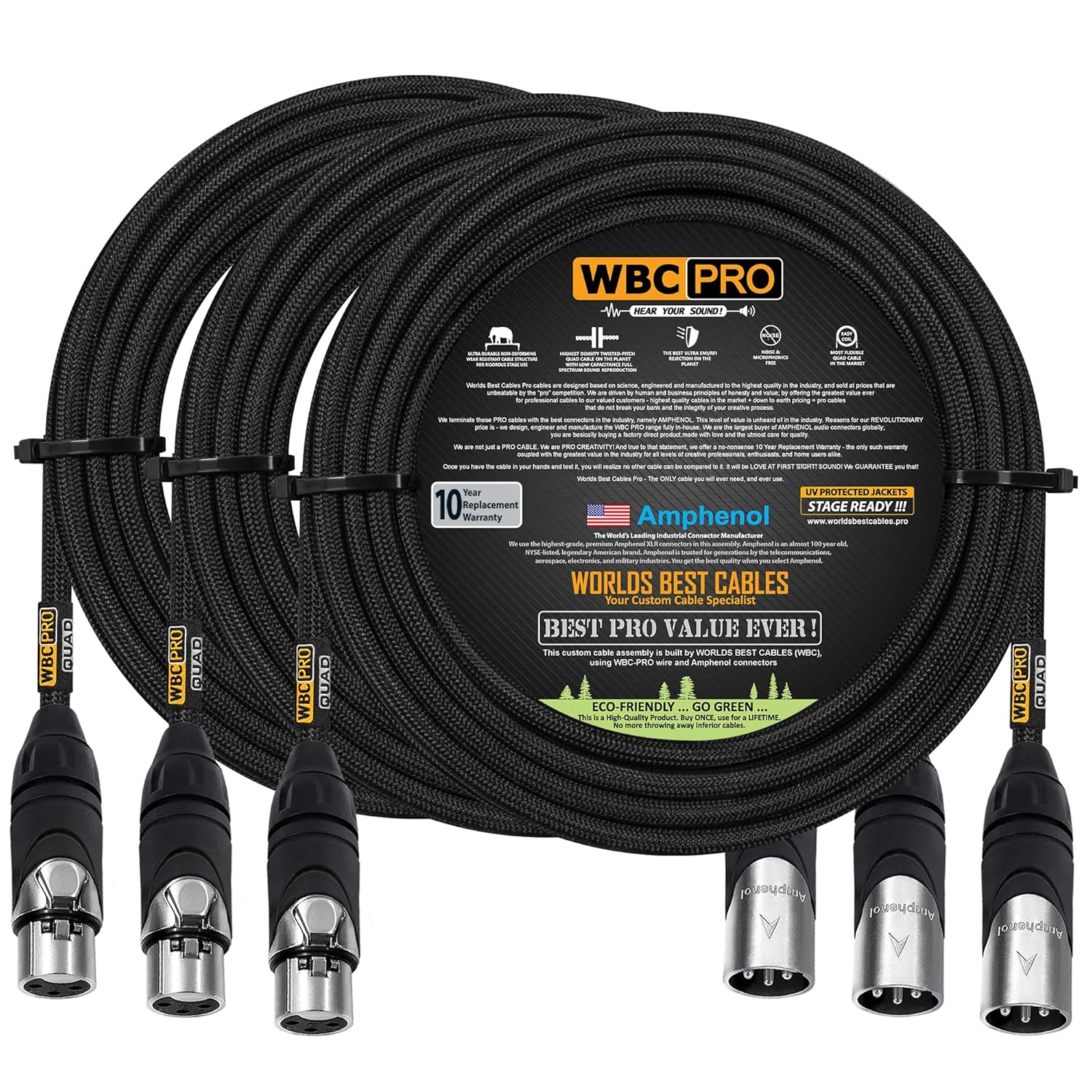 3 Units - 50 Foot - WBC-PRO-Quad Ultra-Silent Ultra-Flexible Balanced Star-Quad Cable with Amphenol Male & Female XLR Plugs & Black Tweed Jacket