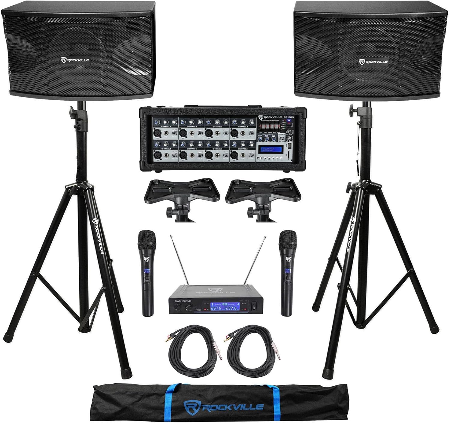 Rockville KPS80 Bundle: (2) 8 in 3-Way 800-Watt Karaoke Pro Speakers, RCXBN20 20 ft TS to Banana Cables, RPM85 8 Channel Mixer, 2 Tripod Stands with Adapters, RWM1203VH Dual Mic System, 10-Items