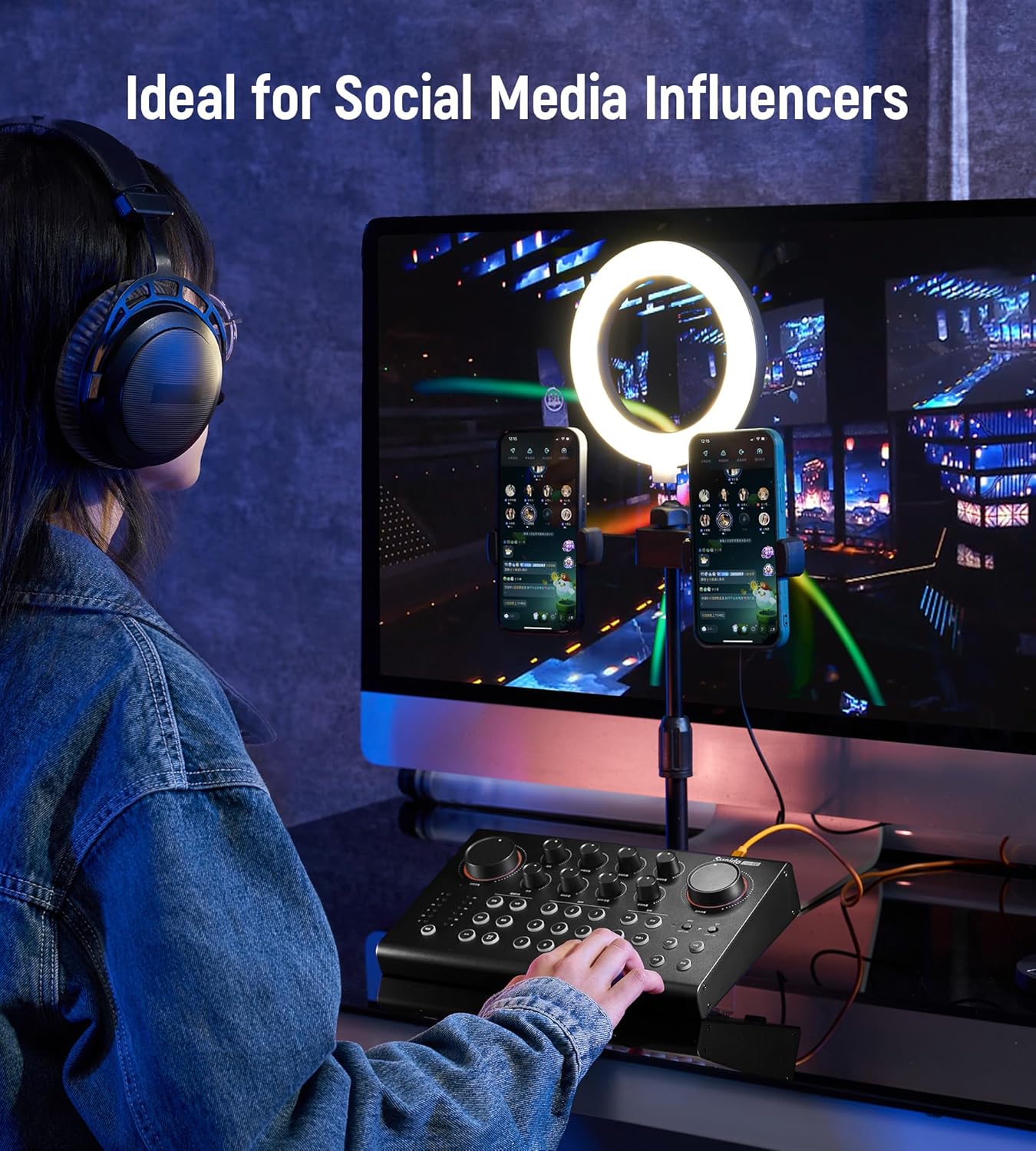 Synido Podcast Equipment Sound Card, Audio Interface Mixer with Pro-preamp, 48V Phantom, 9 Customize Sound Pads, XLR, 1/4