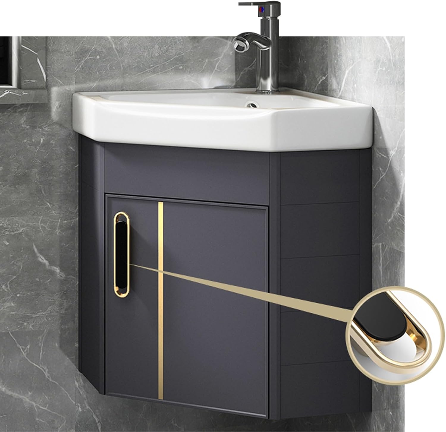 Corner Bathroom Vanity Sink Combo, Wall Mount Multifunctional Practical Ceramic Sink with Mirror Cabinet, Wall Mount Vessel Sink for Small Space(Gray,38cm/15in)