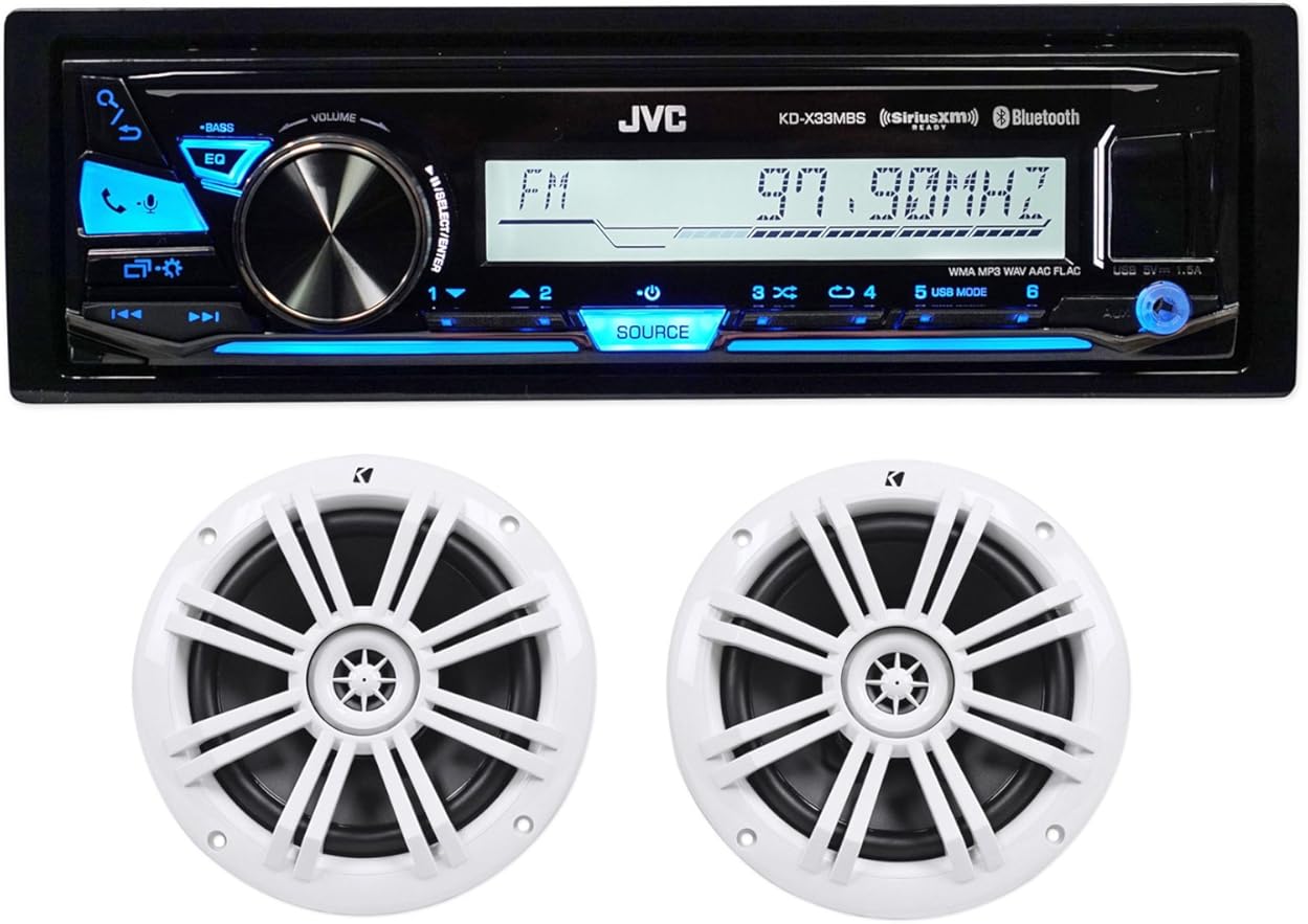 Package: JVC KD-X33MBS 1Din Marine Digital Media Receiver with Bluetooth, USB and Pandora Control + Pair of Kicker 41KM604W 6.5