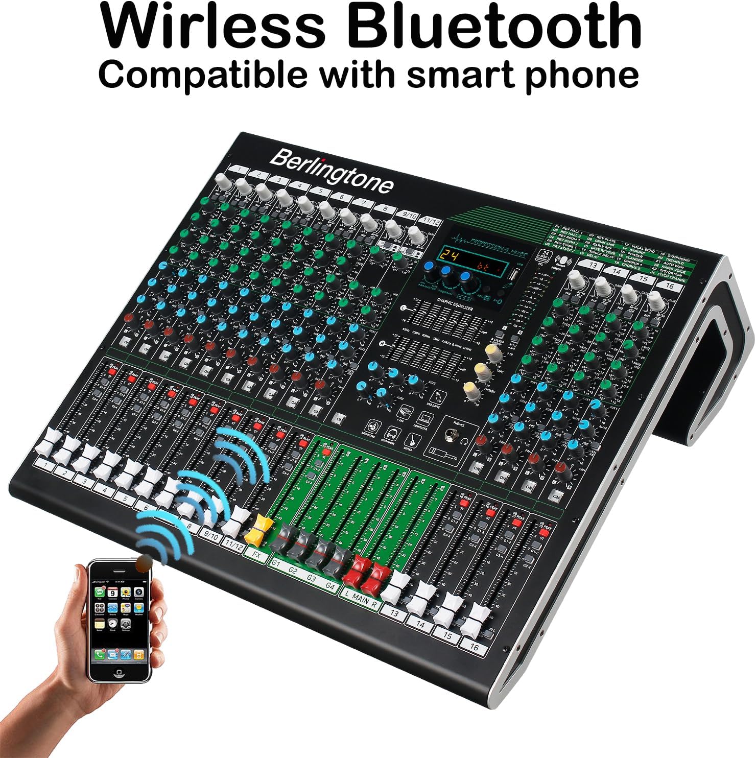 16-Channel Professional Bluetooth Audio Mixer with USB, PC Recording, 24 DSP Effects, 48V Phantom Power, 14 Mic Jack, 2 Stereo Input Soundboard,14 band EQ, RCA Input/Output (BR-216MX)
