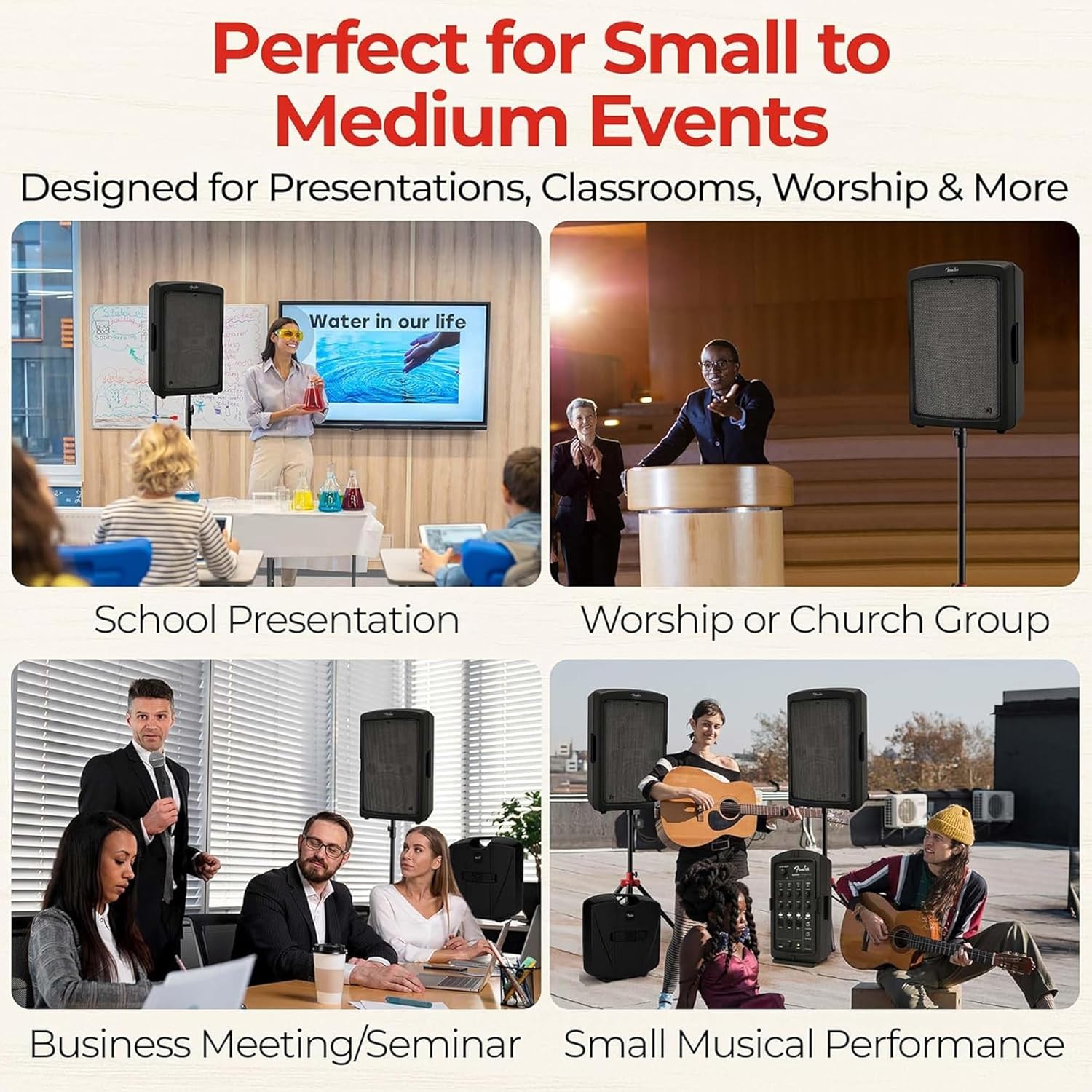 Fender Passport Conference S2 Portable PA System Bundle with Microphone Kit, Compact Speaker Stands, and Instrument Cable