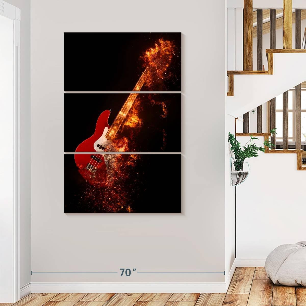 ElephantStock - Flaming Bass Guitar Wall Art - Vertical Multi Panel Canvas - 3 Piece Living Room Wall Decor - Digital Art Music Multi Piece Wall Art - Black And Orange Decor - 48